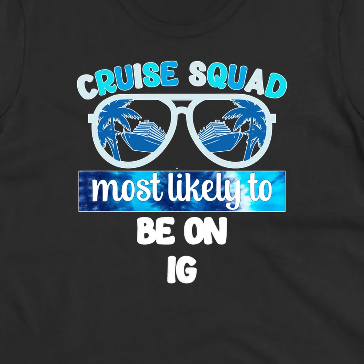 Cruise squad sunglasses design with ship and palm tree reflections, Instagram caption text