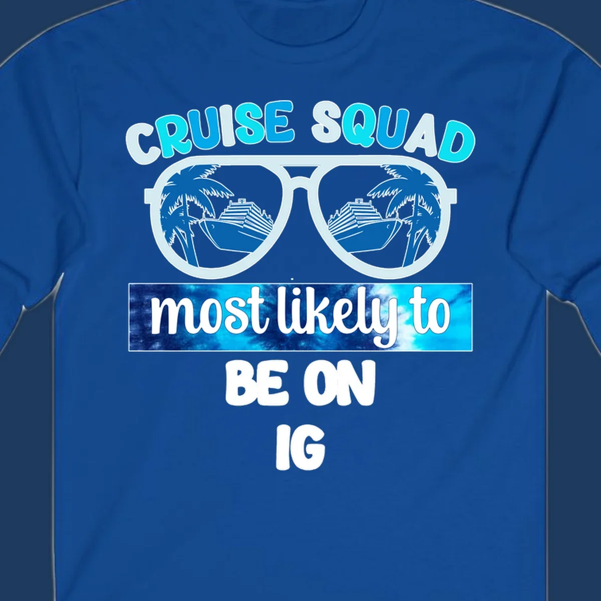 Cruise squad sunglasses design with ship and palm tree reflections, Instagram caption text