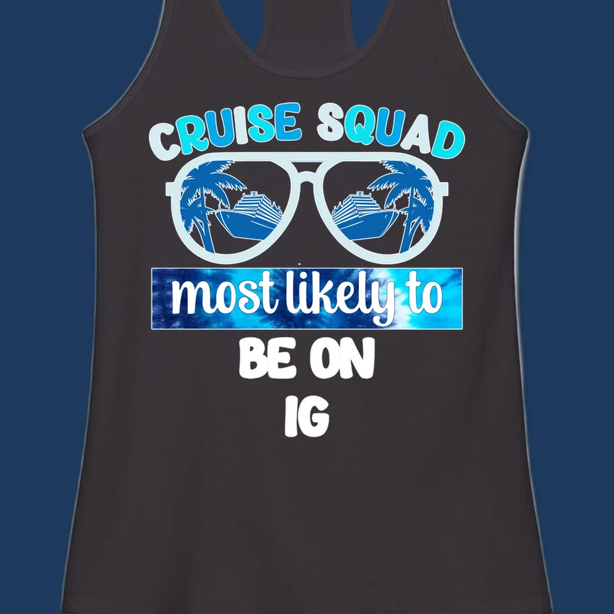 Cruise squad sunglasses design with ship and palm tree reflections, Instagram caption text