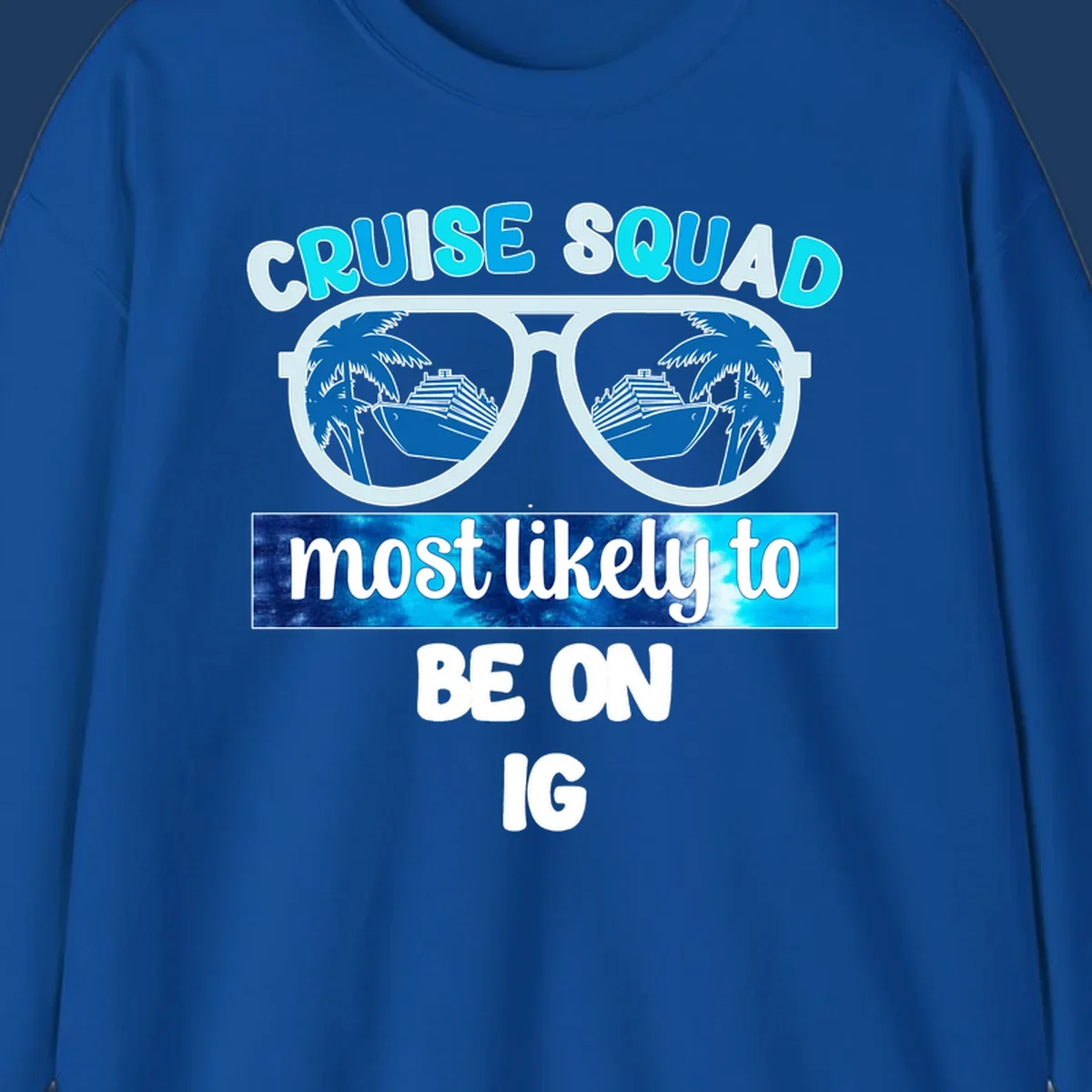 Cruise squad sunglasses design with ship and palm tree reflections, Instagram caption text