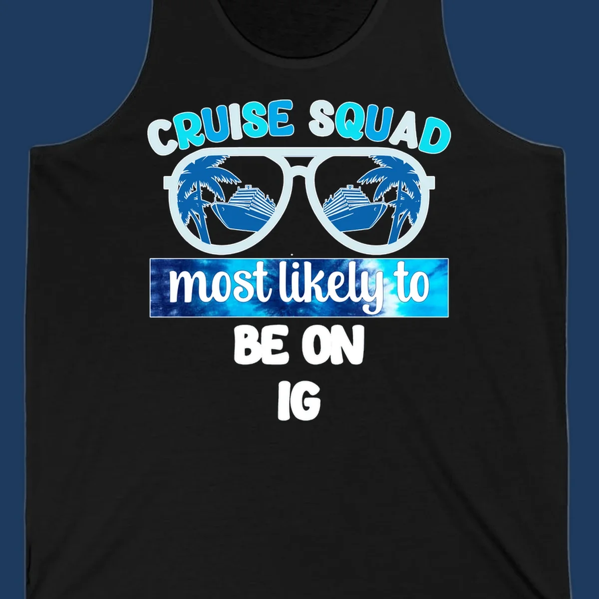 Cruise squad sunglasses design with ship and palm tree reflections, Instagram caption text