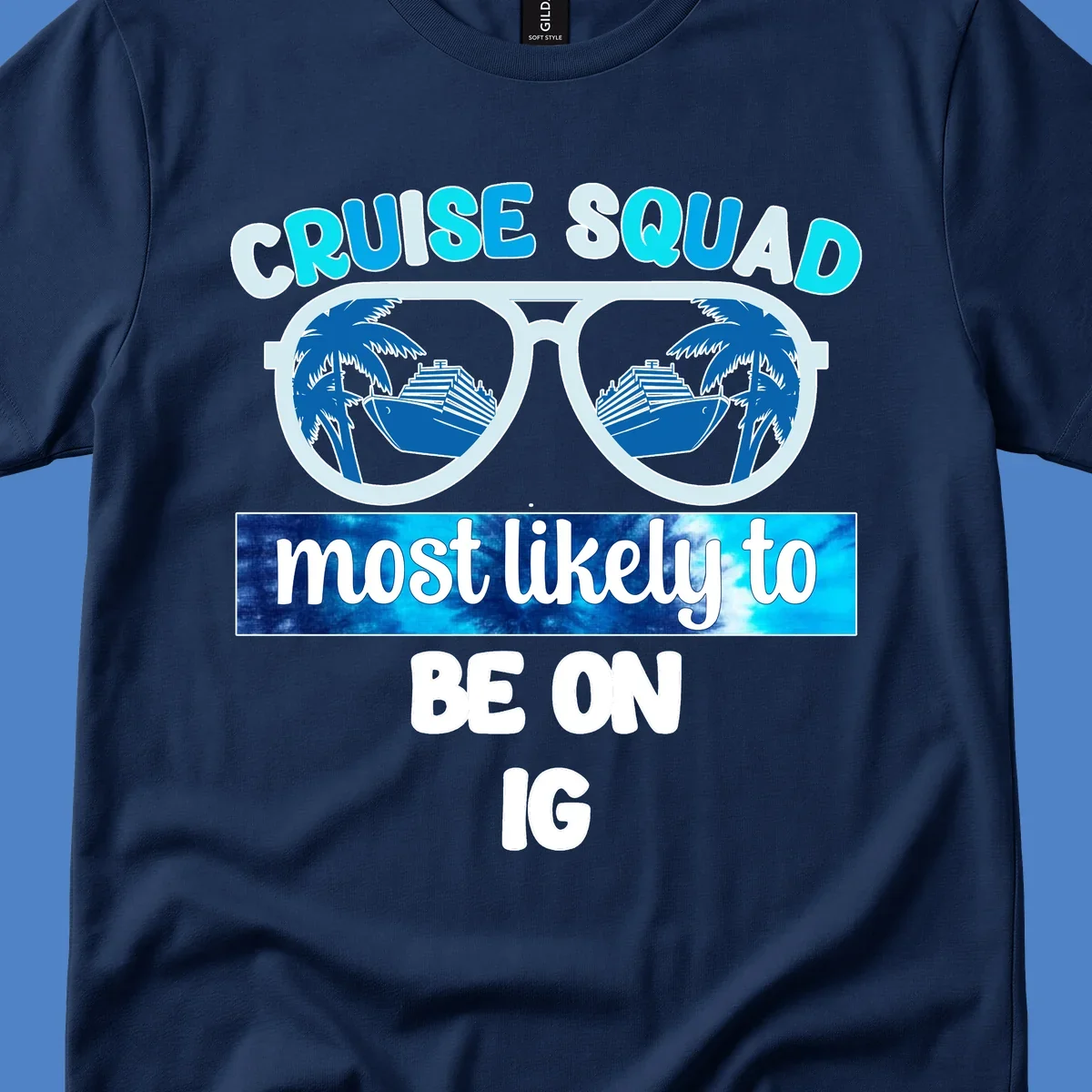 Cruise squad sunglasses design with ship and palm tree reflections, Instagram caption text
