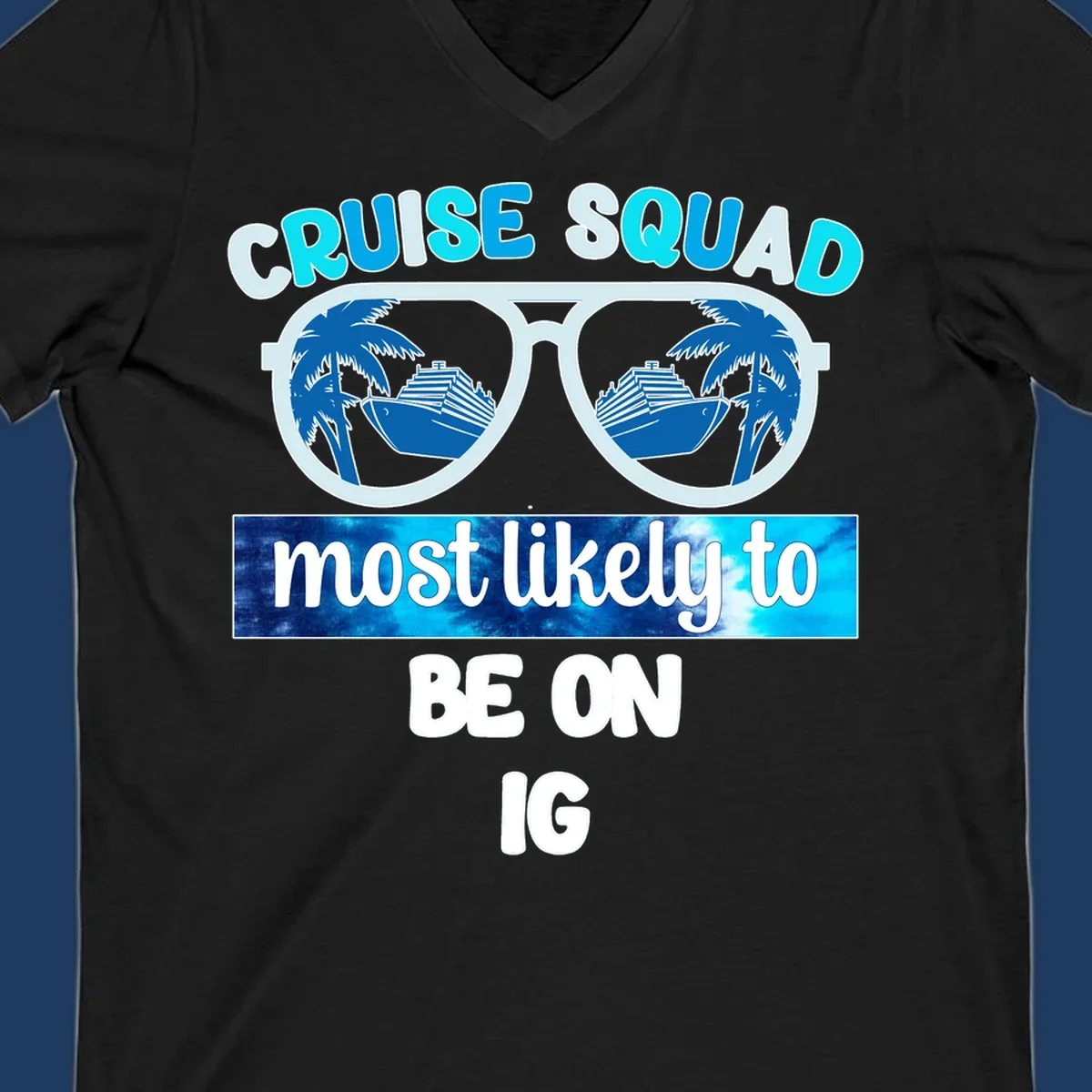 Cruise squad sunglasses design with ship and palm tree reflections, Instagram caption text