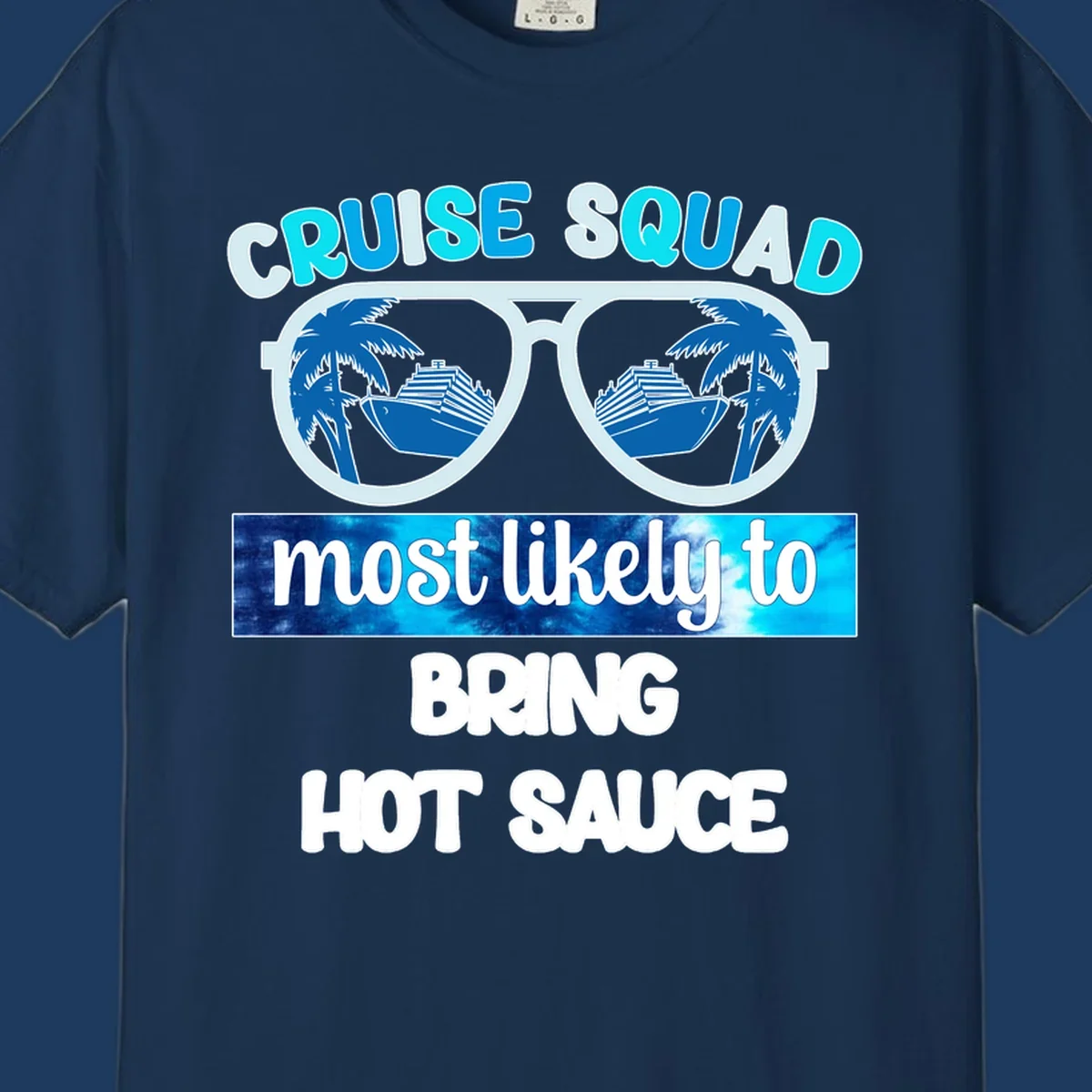 Cruise squad hot sauce design with oversized sunglasses reflecting palm trees and cruise ships