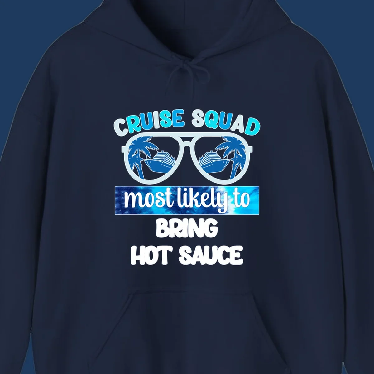 Cruise squad hot sauce design with oversized sunglasses reflecting palm trees and cruise ships