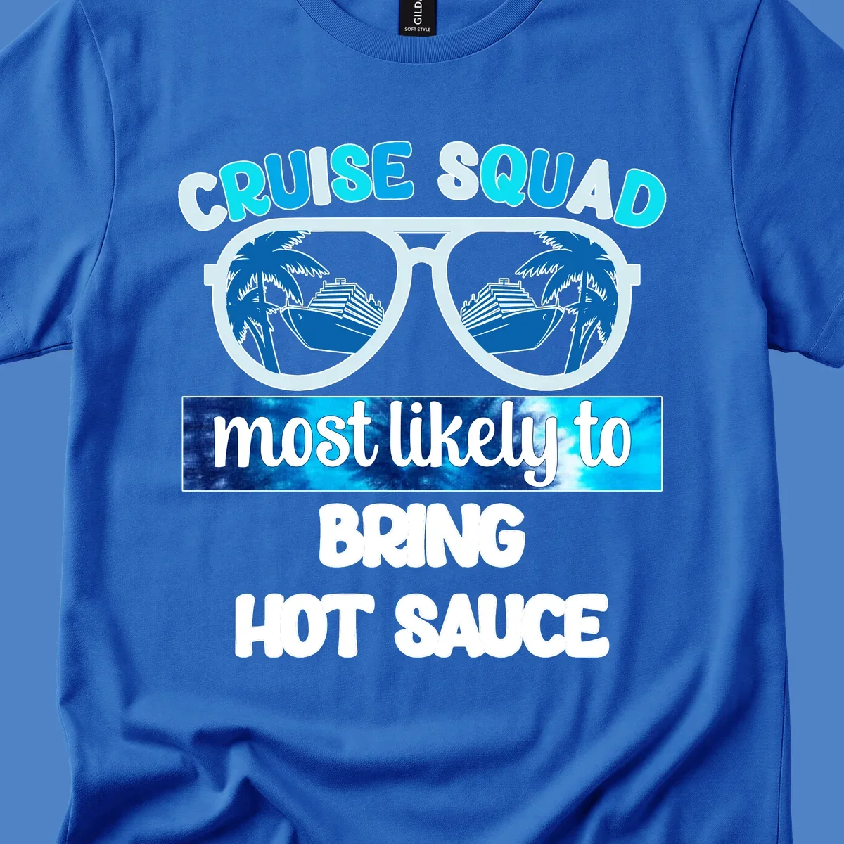 Cruise squad hot sauce design with oversized sunglasses reflecting palm trees and cruise ships