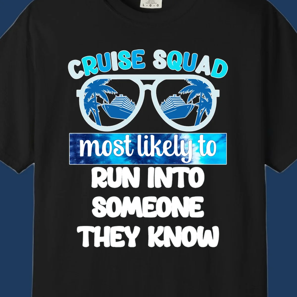 Cruise squad most likely to design with oversized sunglasses reflecting cruise ships and palm trees