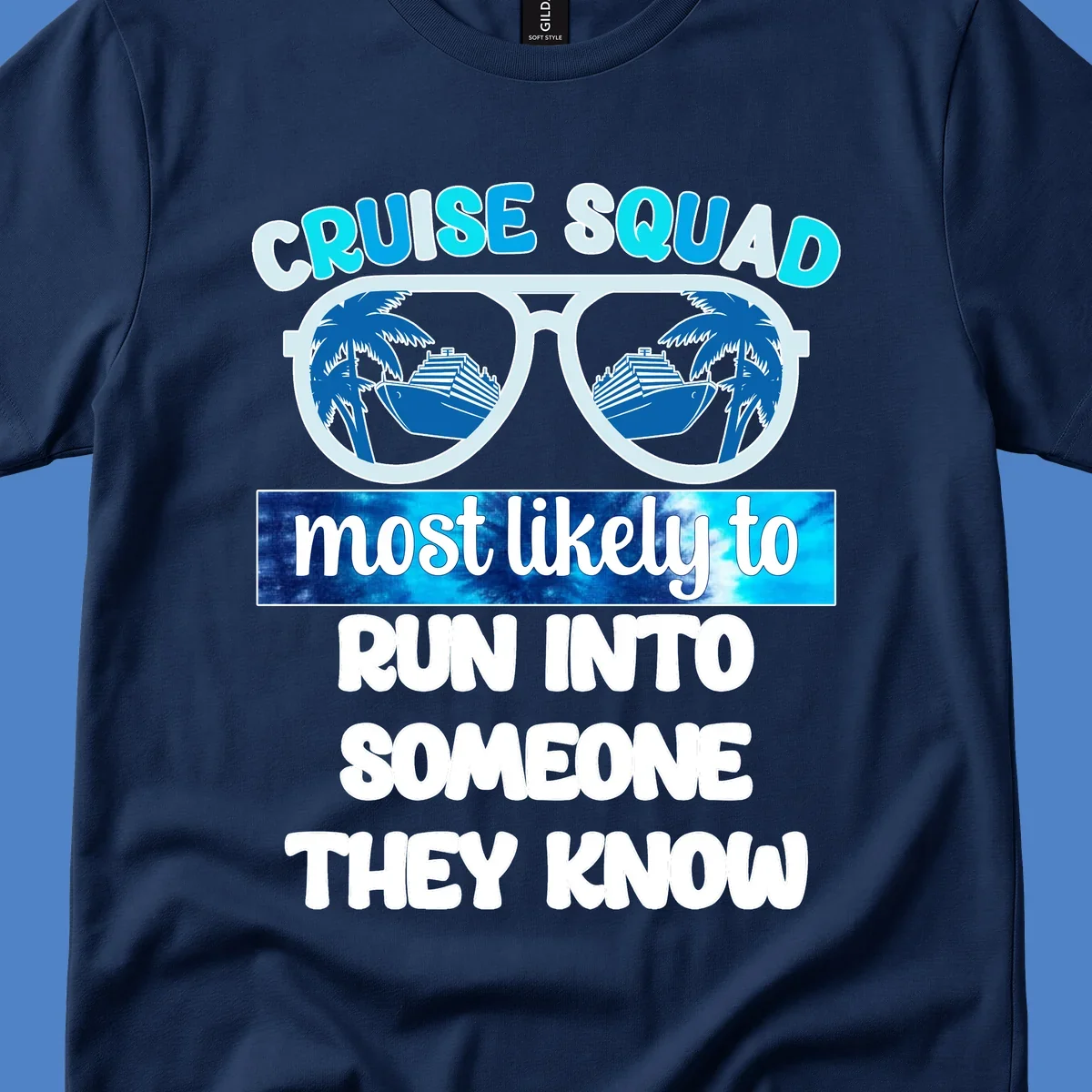 Cruise squad most likely to design with oversized sunglasses reflecting cruise ships and palm trees
