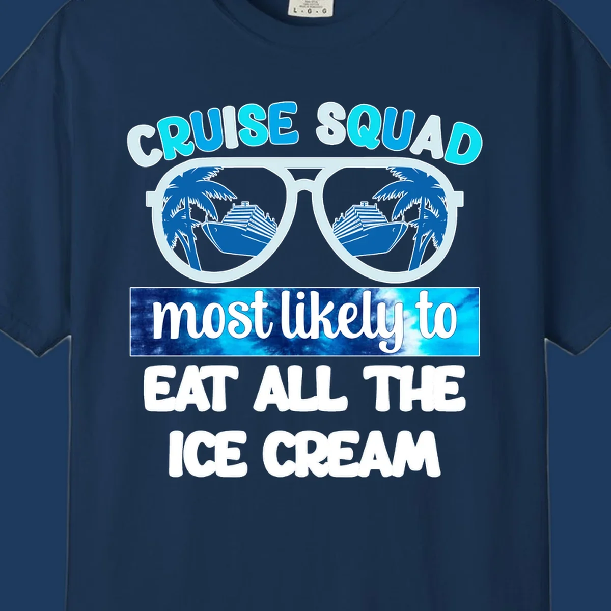 Cruise squad ice cream design with oversized sunglasses reflecting palm trees and a cruise ship, with playful text about eating ice cream.