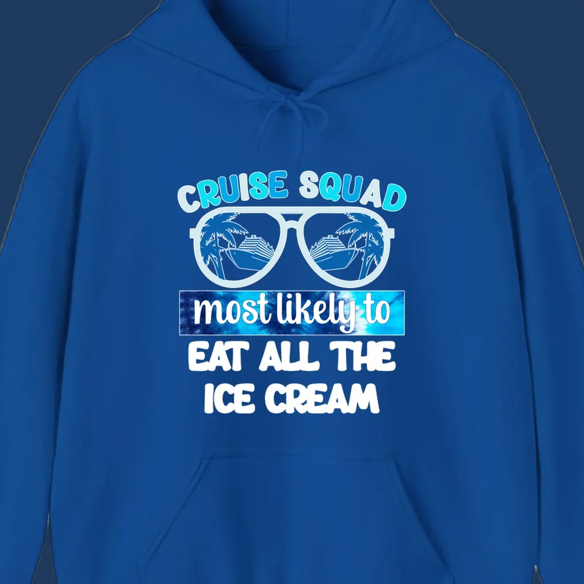 Cruise squad ice cream design with oversized sunglasses reflecting palm trees and a cruise ship, with playful text about eating ice cream.