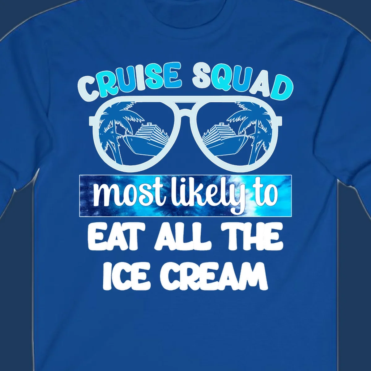 Cruise squad ice cream design with oversized sunglasses reflecting palm trees and a cruise ship, with playful text about eating ice cream.