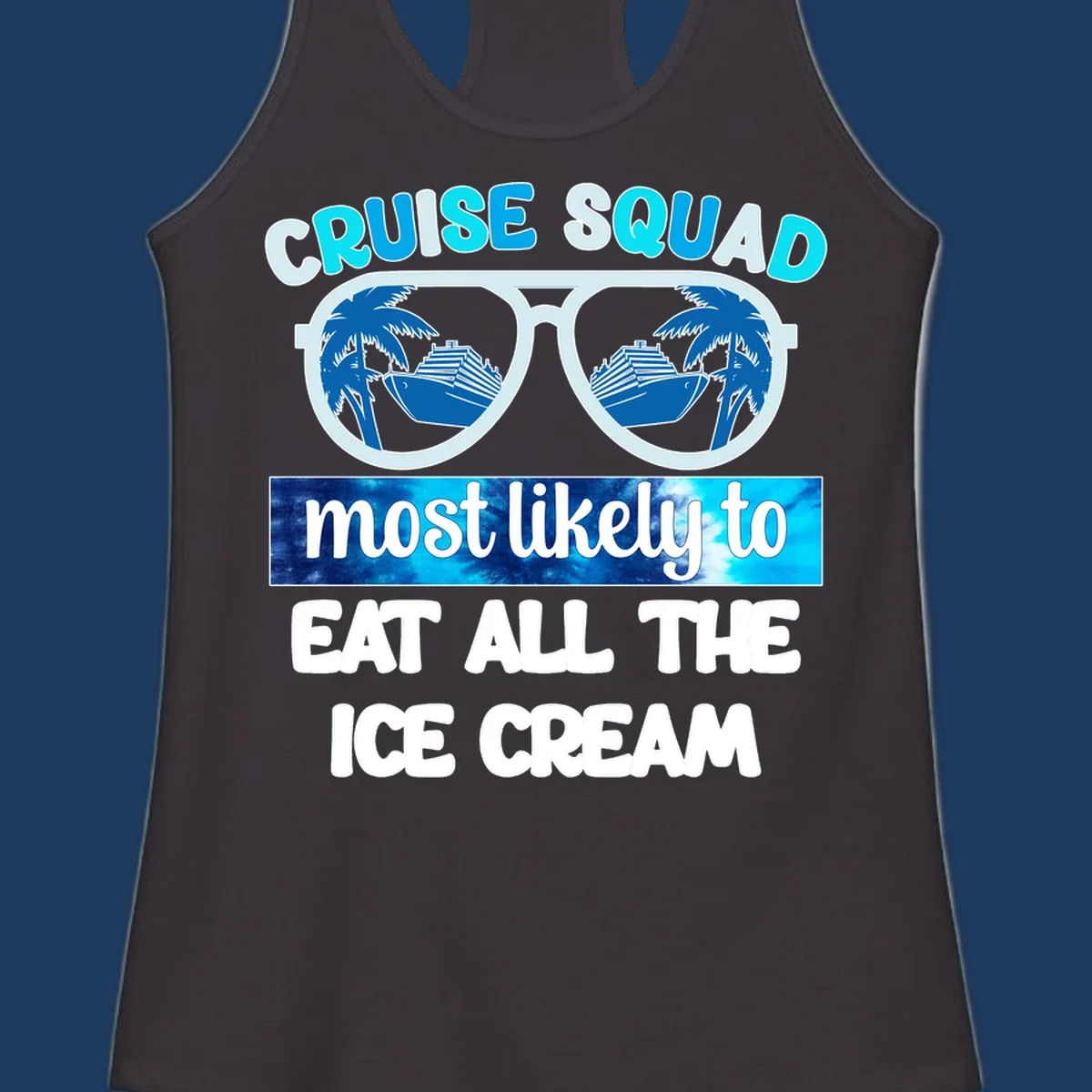 Cruise squad ice cream design with oversized sunglasses reflecting palm trees and a cruise ship, with playful text about eating ice cream.
