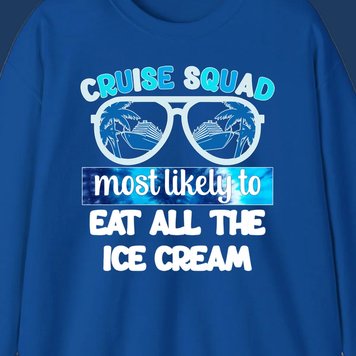 Cruise squad ice cream design with oversized sunglasses reflecting palm trees and a cruise ship, with playful text about eating ice cream.