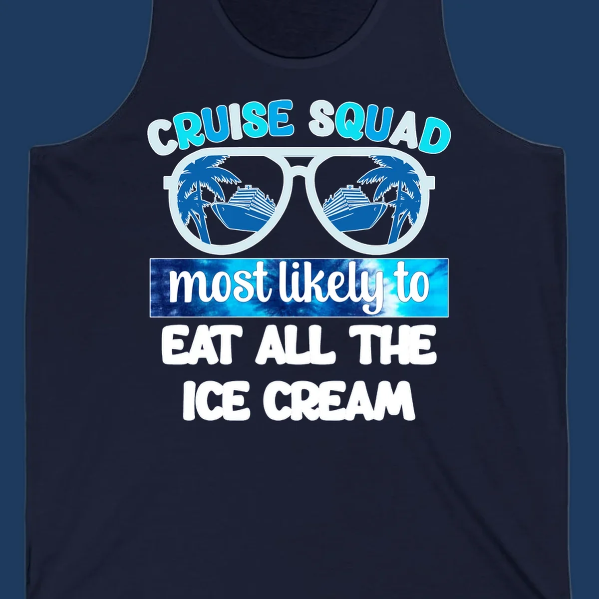 Cruise squad ice cream design with oversized sunglasses reflecting palm trees and a cruise ship, with playful text about eating ice cream.