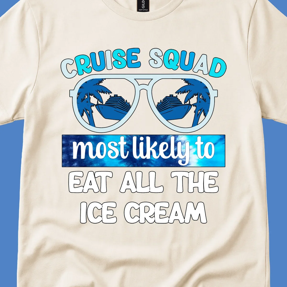 Cruise squad ice cream design with oversized sunglasses reflecting palm trees and a cruise ship, with playful text about eating ice cream.