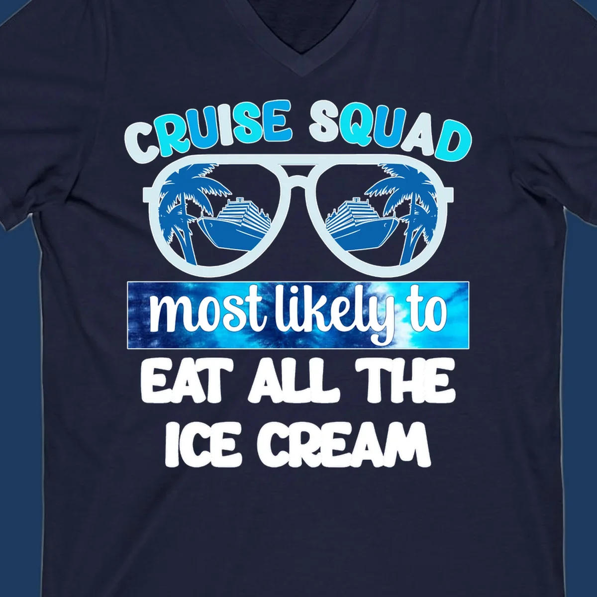 Cruise squad ice cream design with oversized sunglasses reflecting palm trees and a cruise ship, with playful text about eating ice cream.