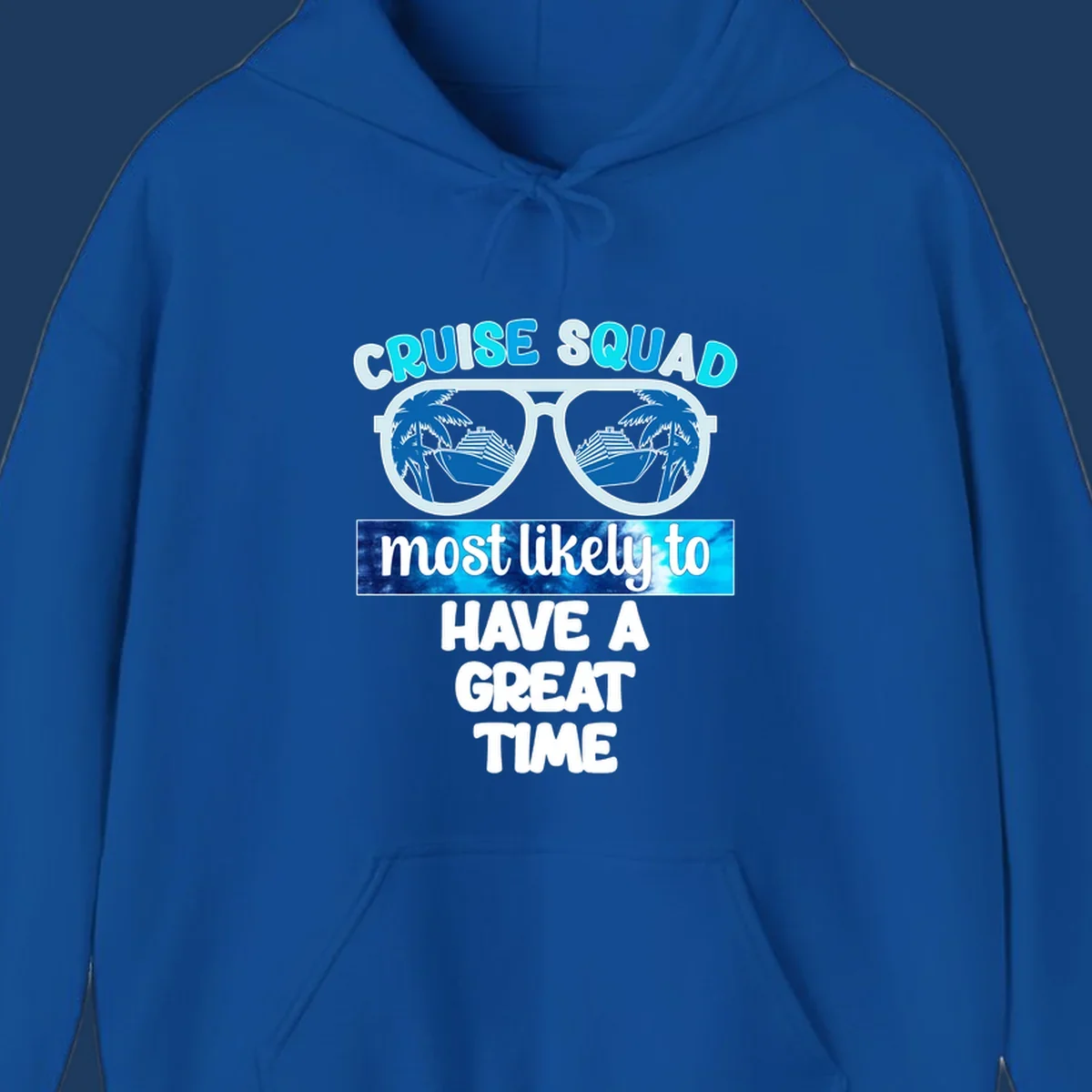 Cruise squad most likely design with oversized sunglasses reflecting palm trees and cruise ships, with bold text