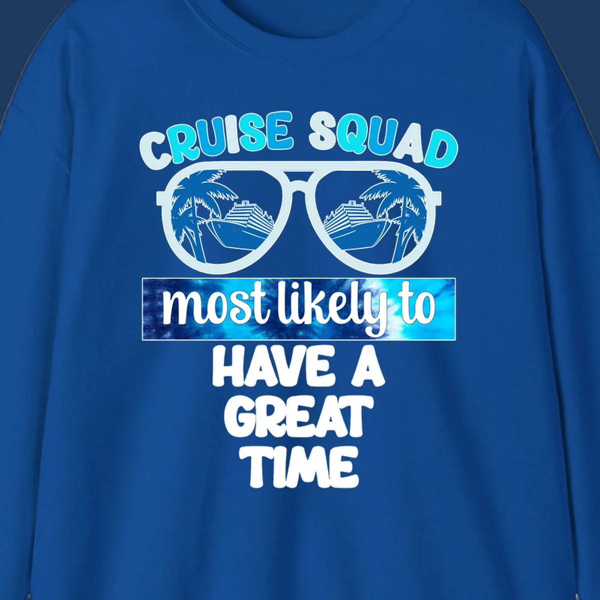 Cruise squad most likely design with oversized sunglasses reflecting palm trees and cruise ships, with bold text