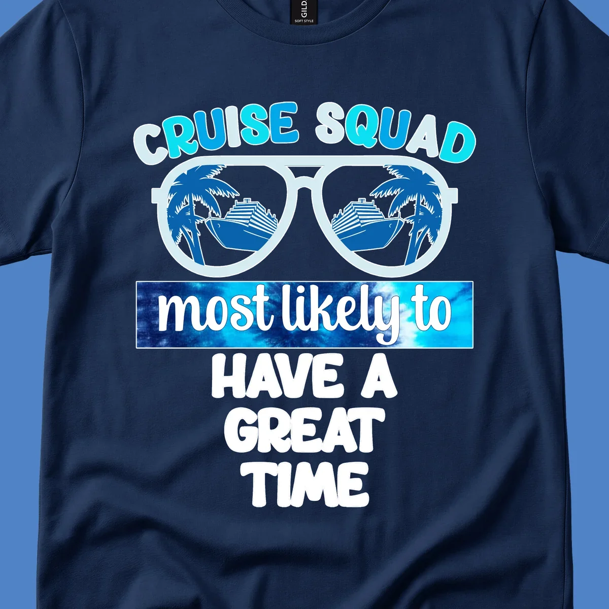 Cruise squad most likely design with oversized sunglasses reflecting palm trees and cruise ships, with bold text