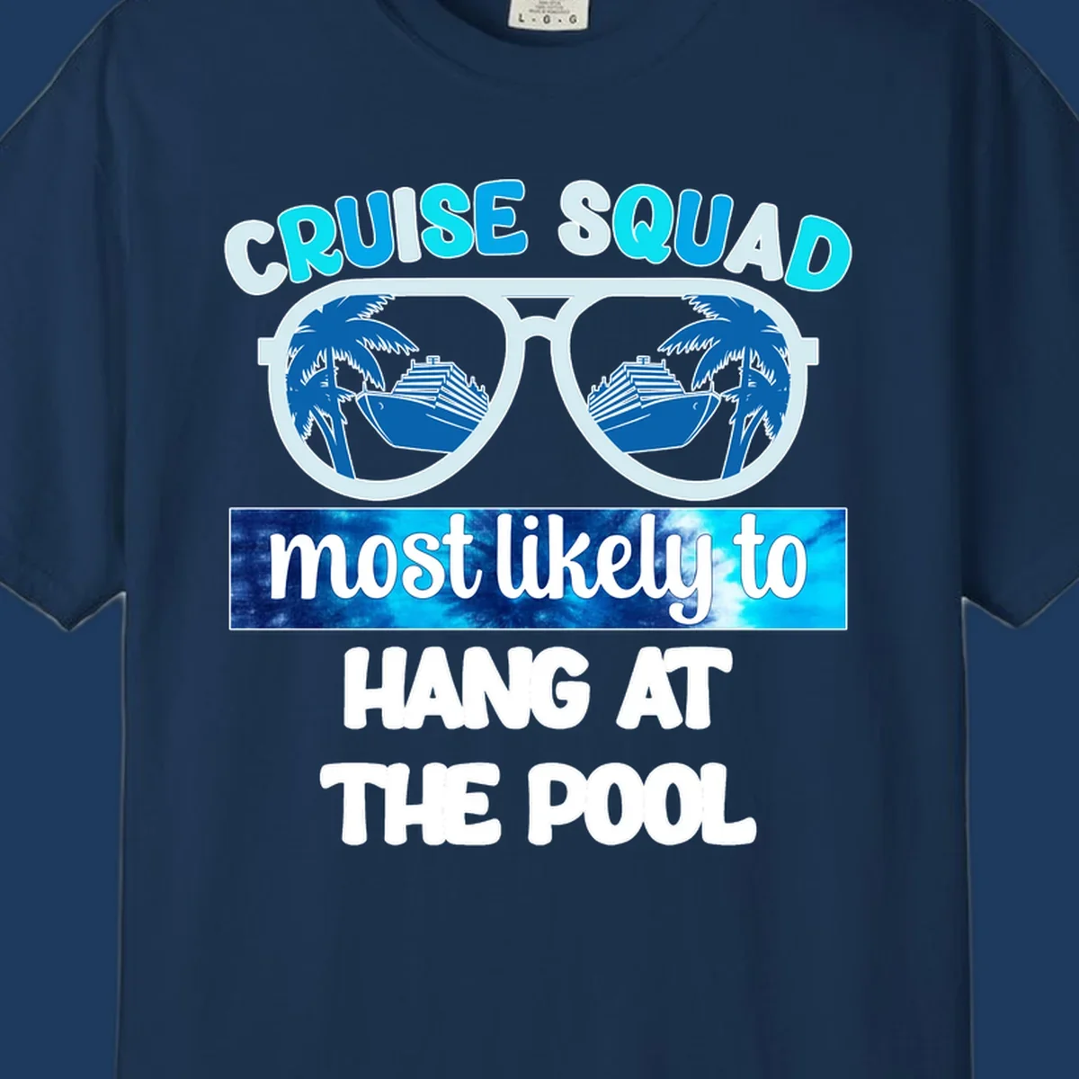 Sunglasses with palm trees and cruise ship reflections, text reads 'Cruise Squad most likely to hang at the pool'