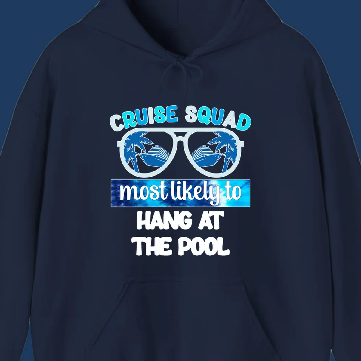 Sunglasses with palm trees and cruise ship reflections, text reads 'Cruise Squad most likely to hang at the pool'