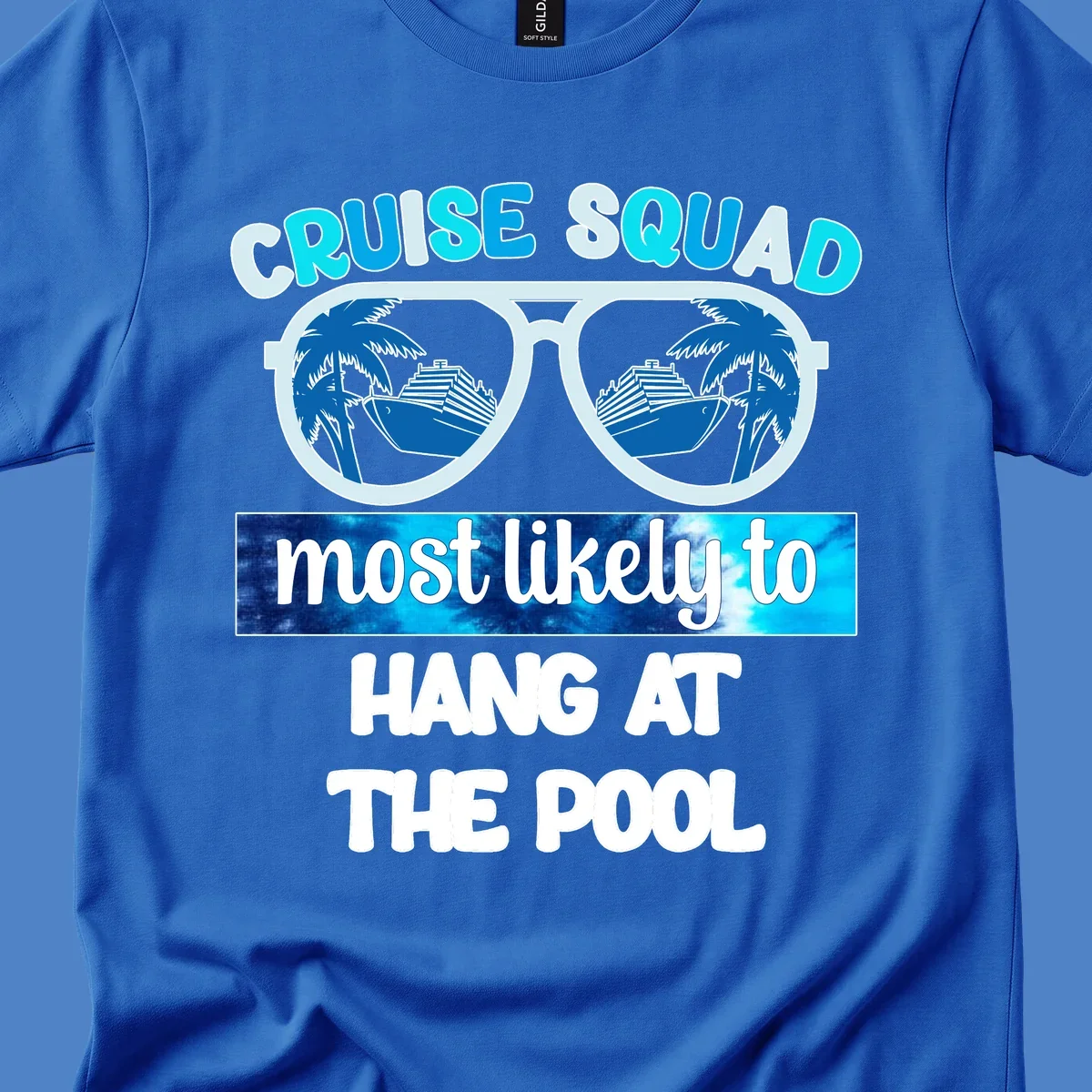 Sunglasses with palm trees and cruise ship reflections, text reads 'Cruise Squad most likely to hang at the pool'