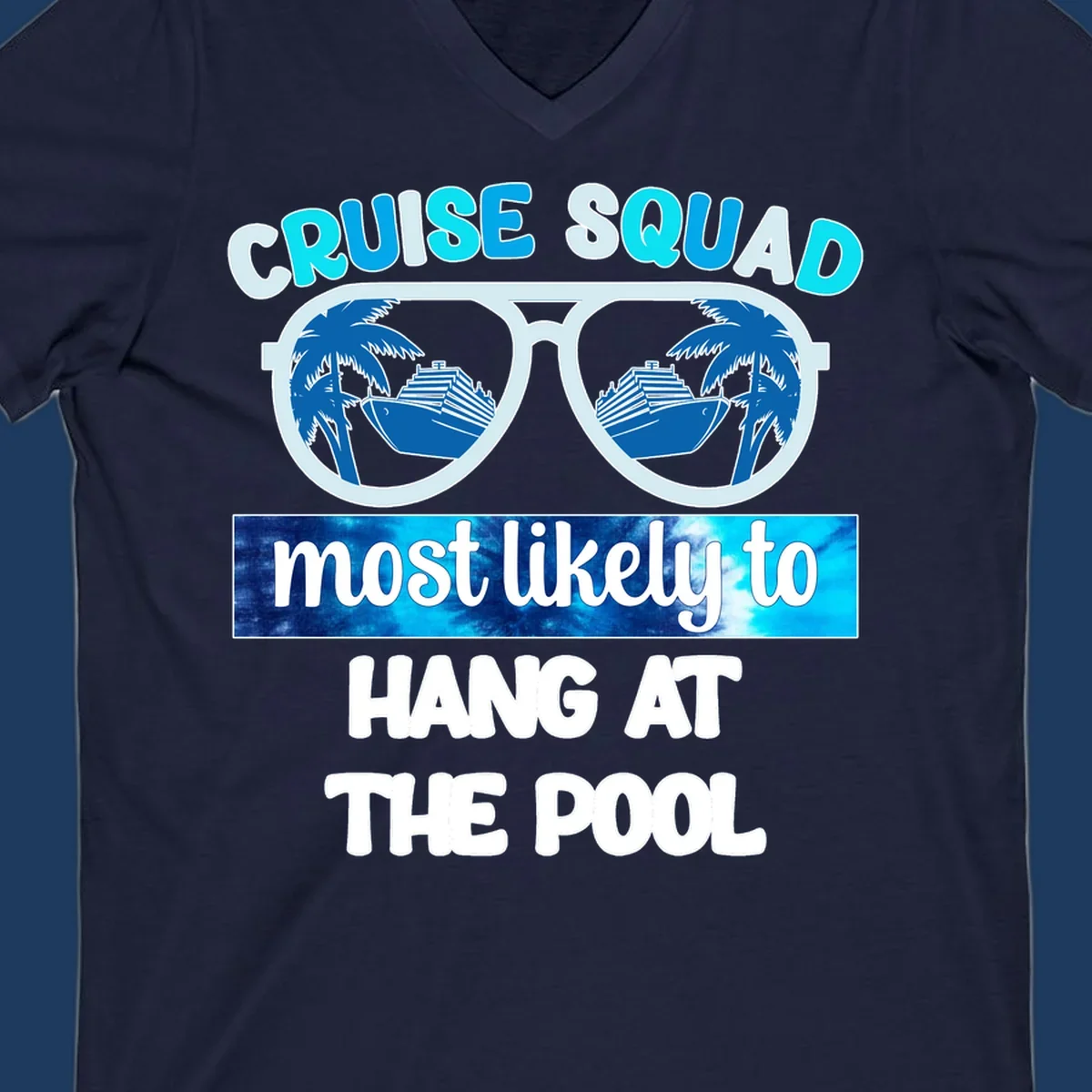 Sunglasses with palm trees and cruise ship reflections, text reads 'Cruise Squad most likely to hang at the pool'