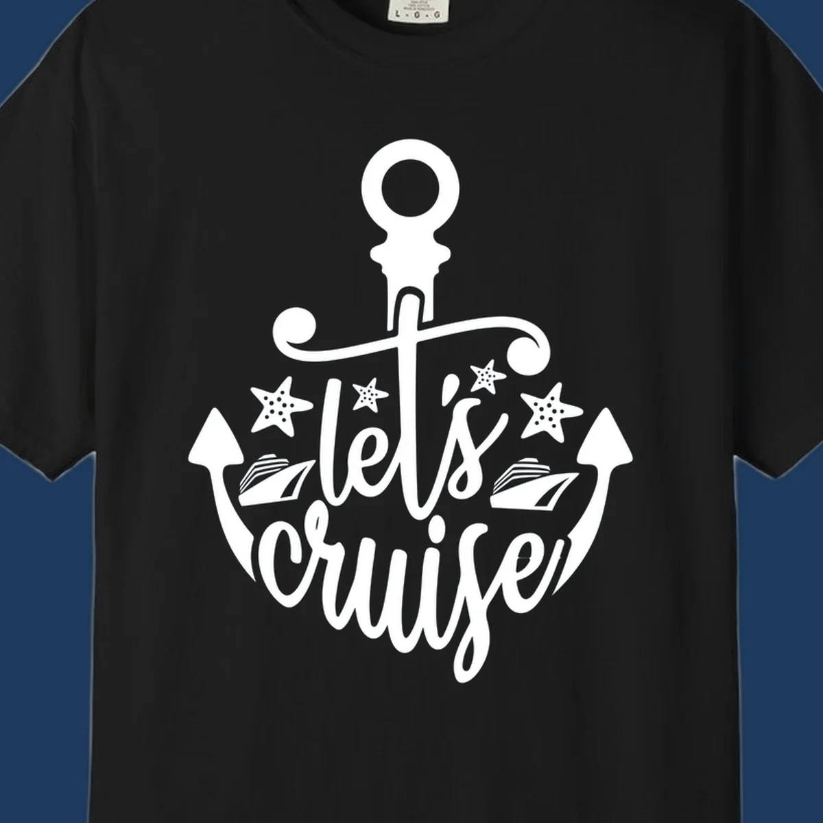 Nautical anchor design with 'Let's Cruise Away' text, starfish, and sailing ships in white on gray background