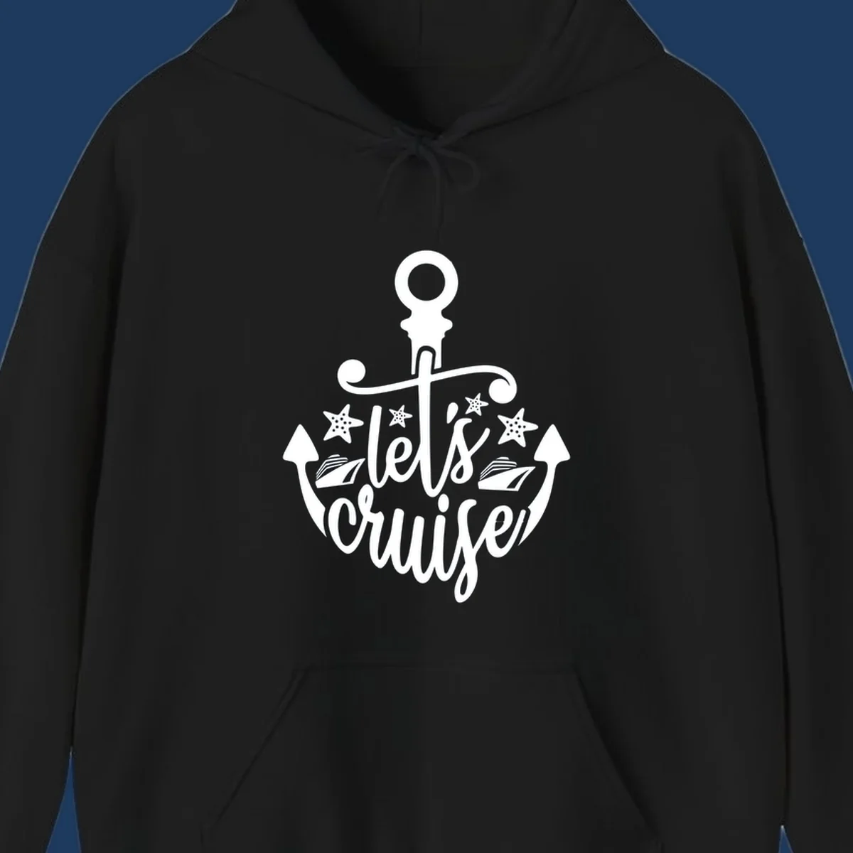 Nautical anchor design with 'Let's Cruise Away' text, starfish, and sailing ships in white on gray background