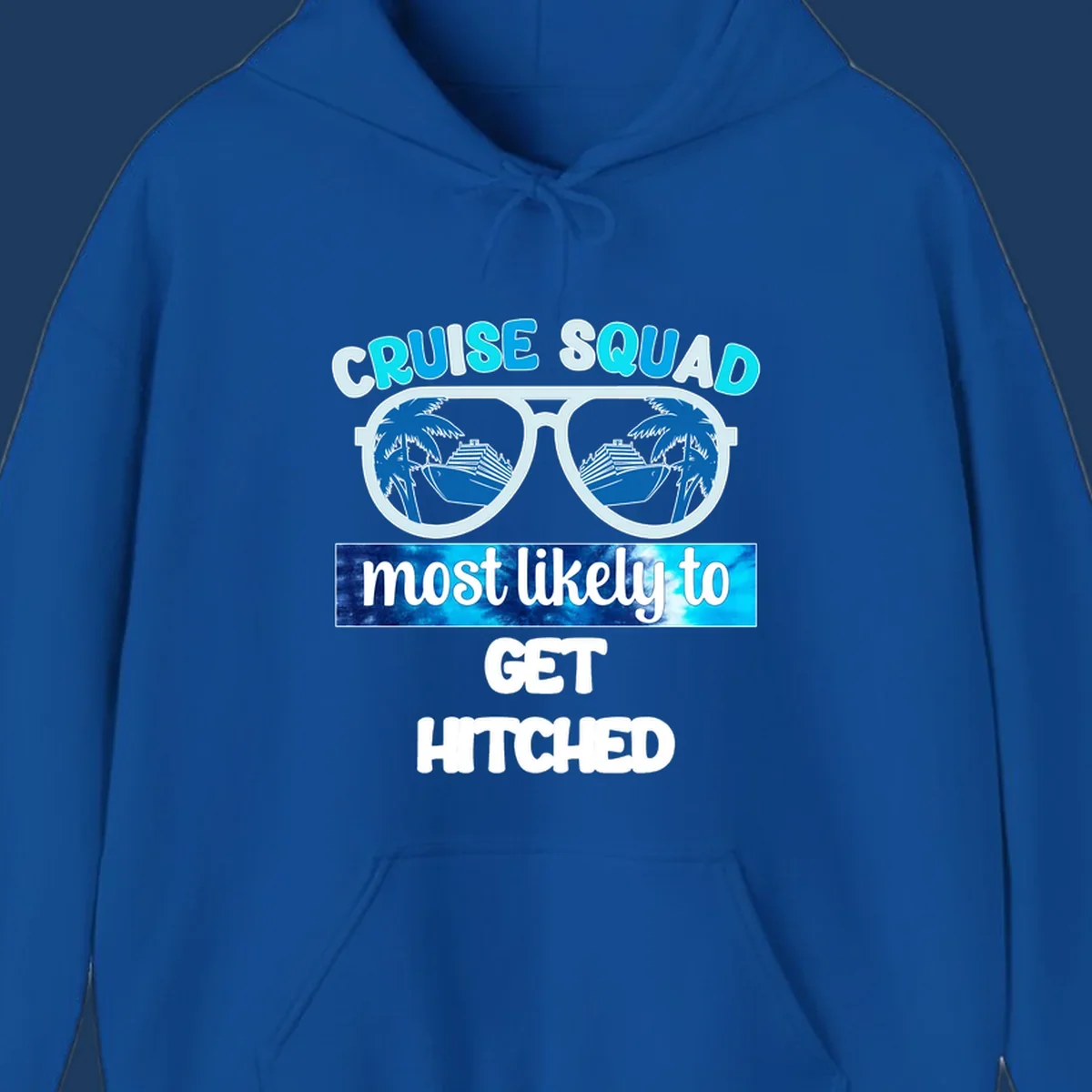 Oversized sunglasses with cruise ships and palm trees, text reads Cruise Squad Most Likely to Get Hitched
