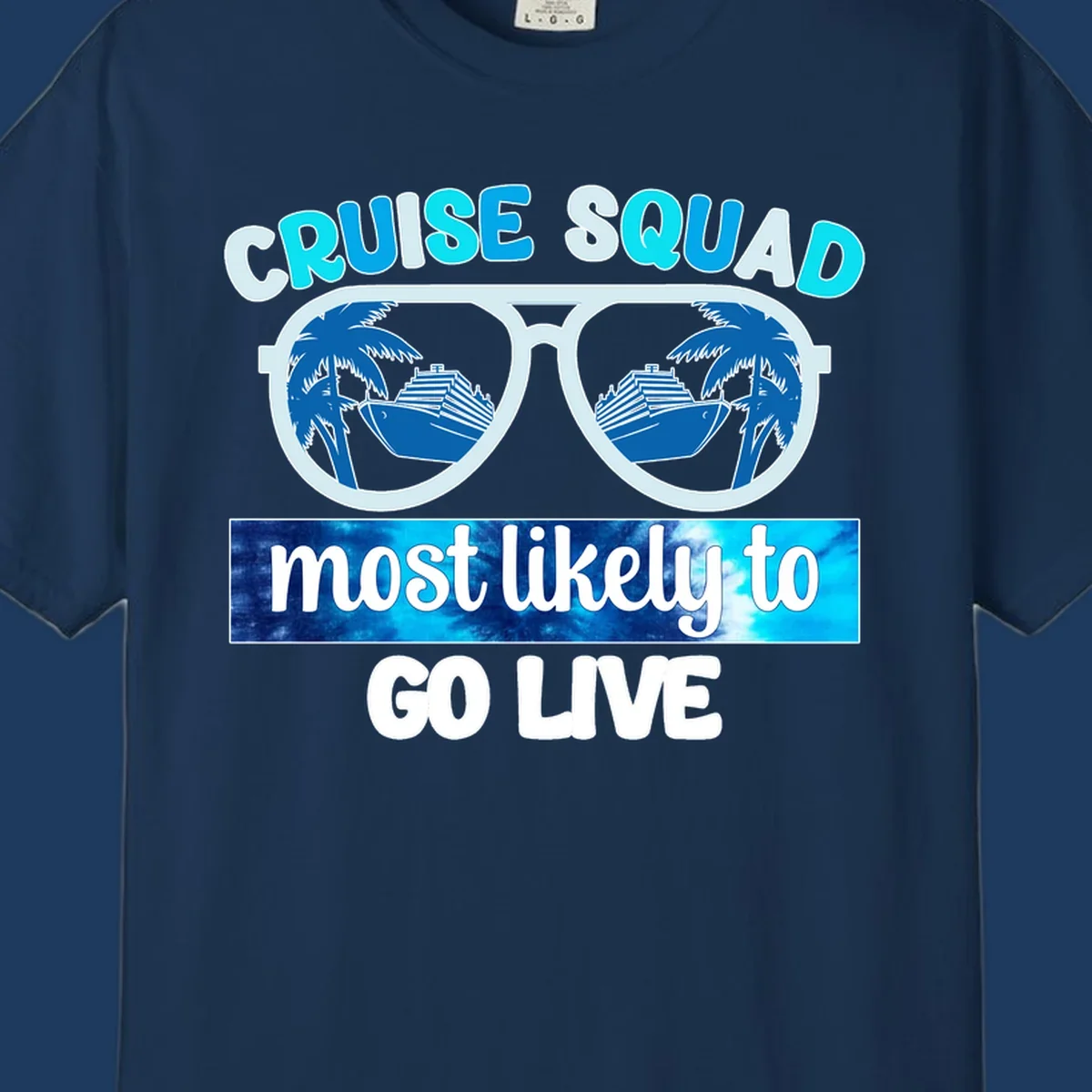 Cruise squad most likely design with oversized sunglasses reflecting palm trees and cruise ships with cyan and blue text