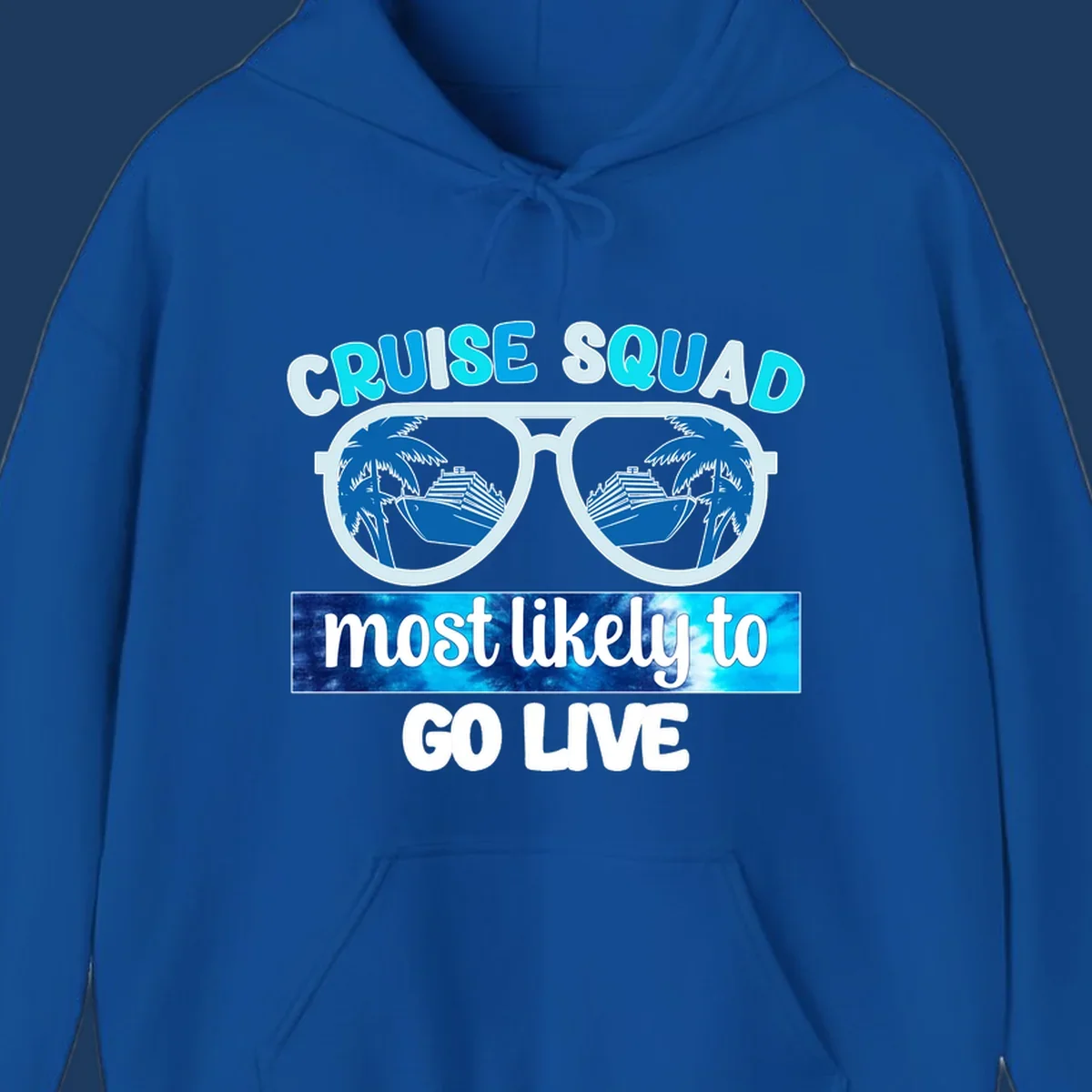 Cruise squad most likely design with oversized sunglasses reflecting palm trees and cruise ships with cyan and blue text