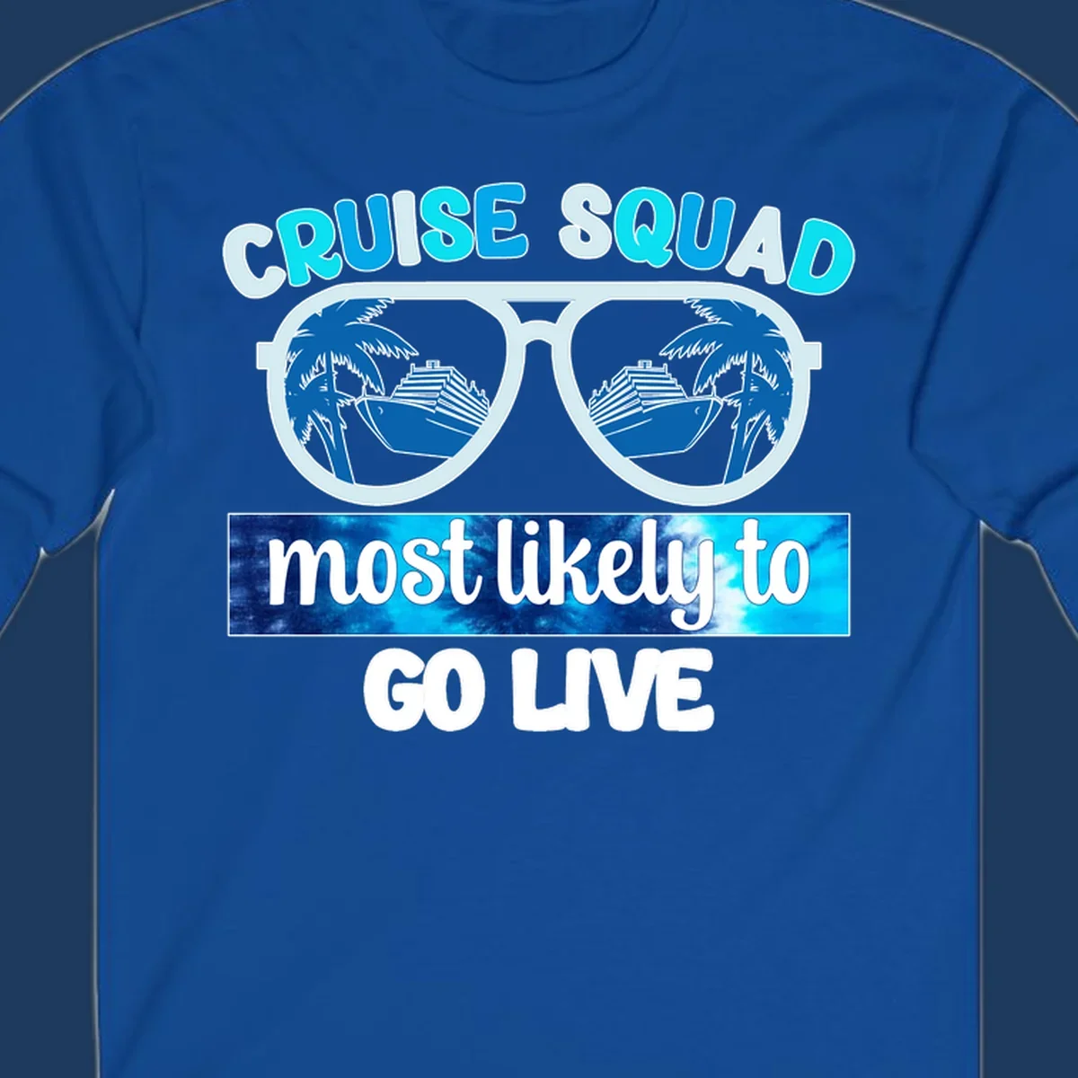 Cruise squad most likely design with oversized sunglasses reflecting palm trees and cruise ships with cyan and blue text