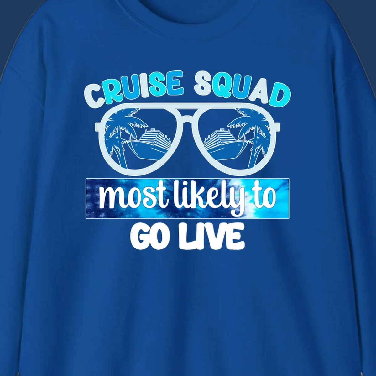 Cruise squad most likely design with oversized sunglasses reflecting palm trees and cruise ships with cyan and blue text