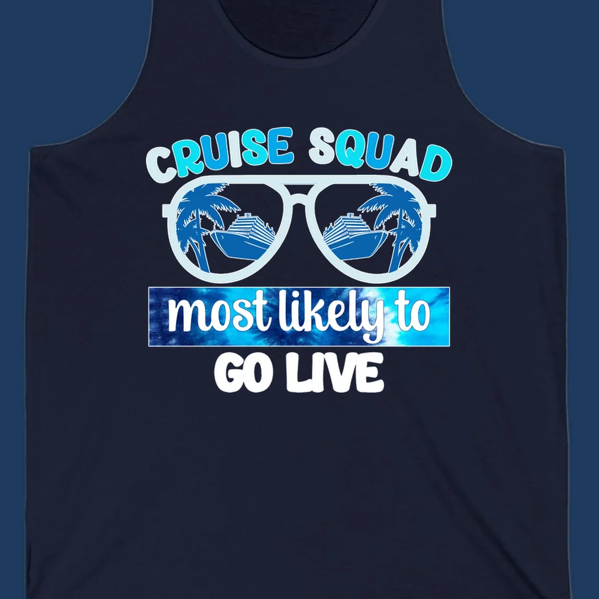 Cruise squad most likely design with oversized sunglasses reflecting palm trees and cruise ships with cyan and blue text