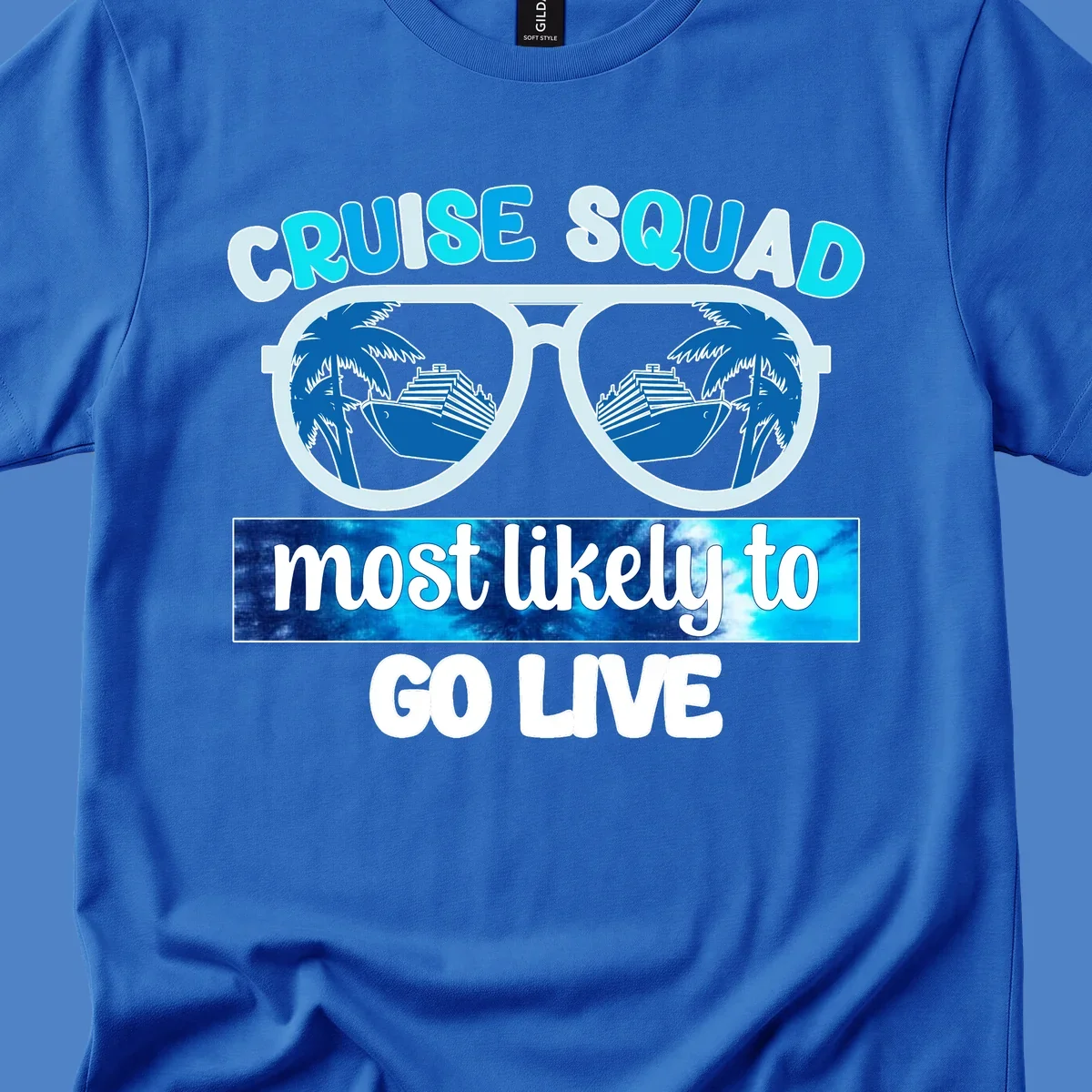 Cruise squad most likely design with oversized sunglasses reflecting palm trees and cruise ships with cyan and blue text