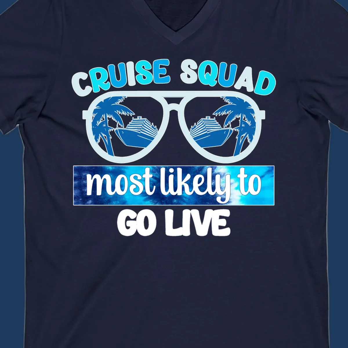 Cruise squad most likely design with oversized sunglasses reflecting palm trees and cruise ships with cyan and blue text