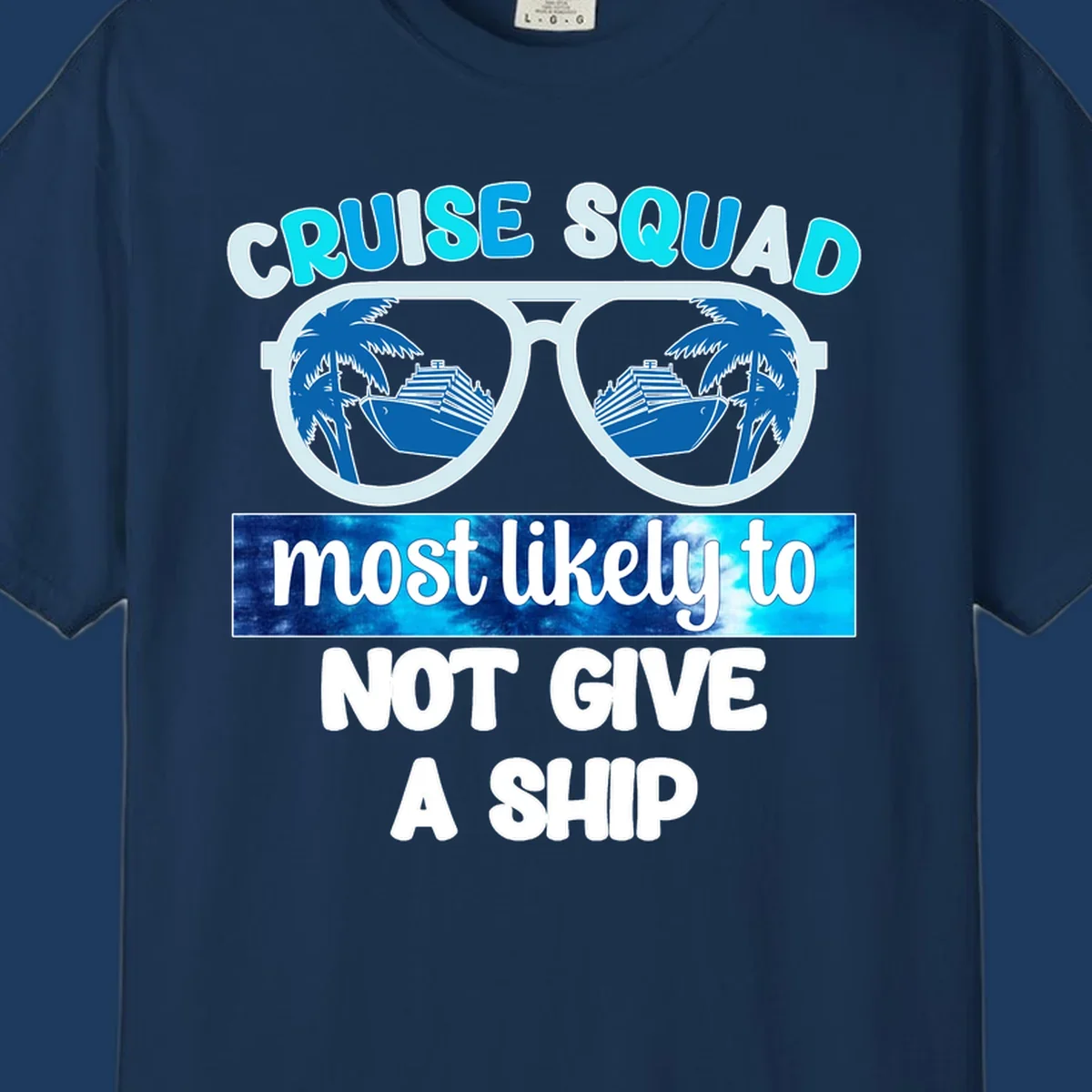 Cruise squad not give ship design with sunglasses showing cruise ships and palm trees reflection