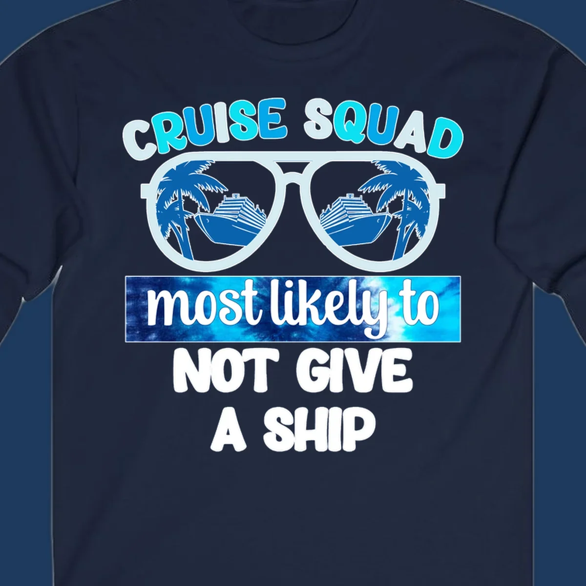 Cruise squad not give ship design with sunglasses showing cruise ships and palm trees reflection