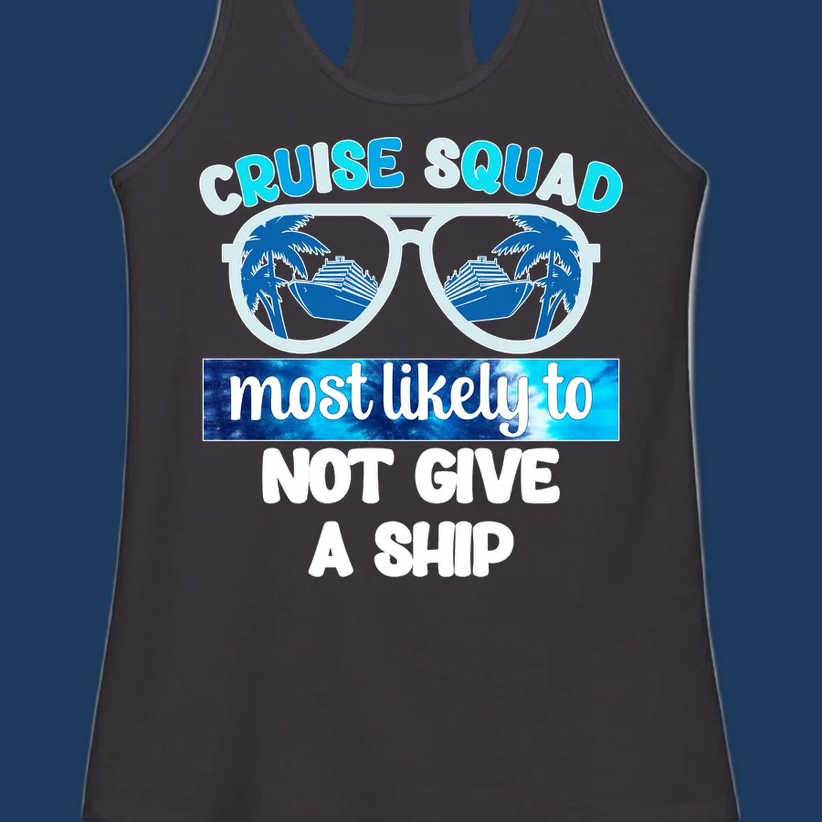 Cruise squad not give ship design with sunglasses showing cruise ships and palm trees reflection