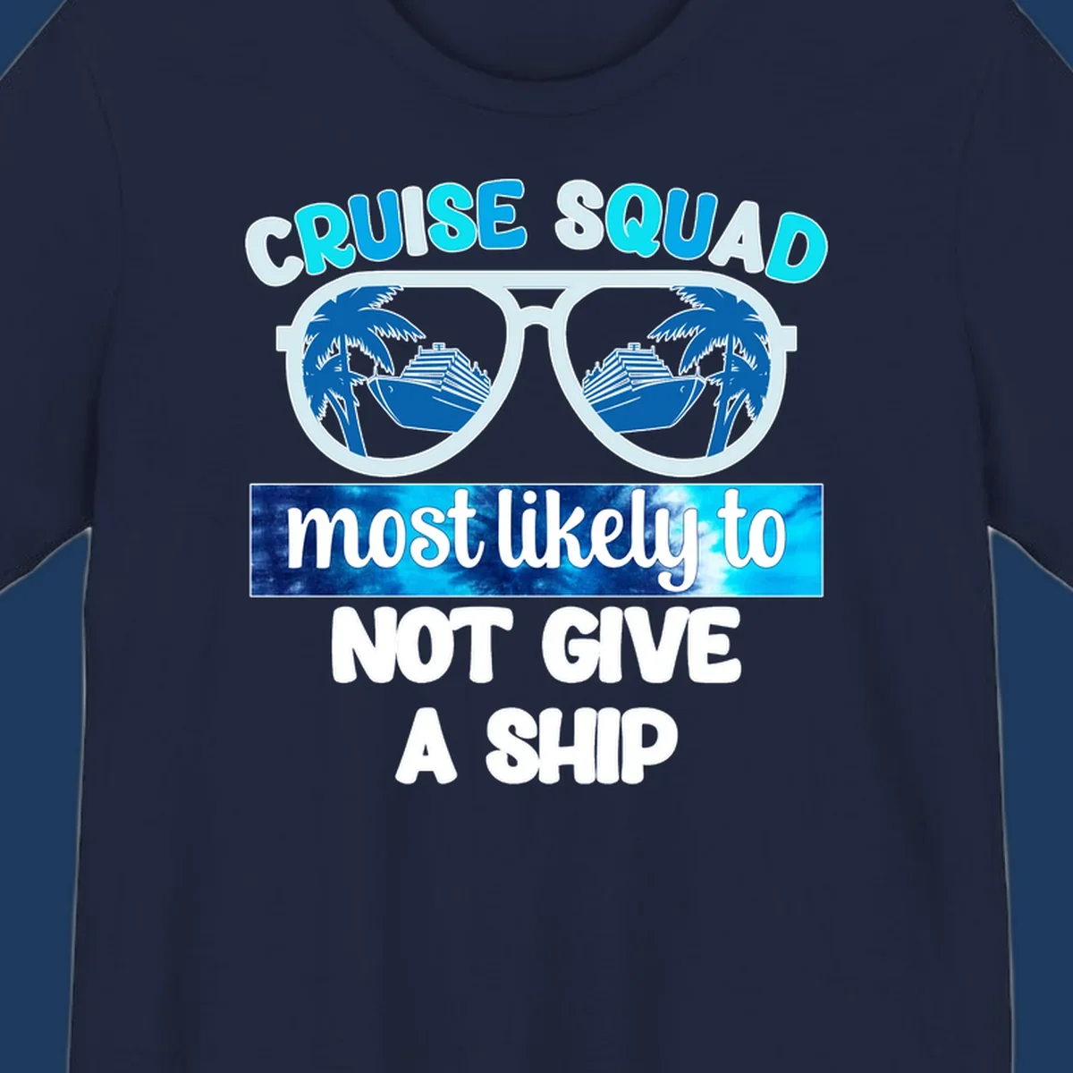 Cruise squad not give ship design with sunglasses showing cruise ships and palm trees reflection