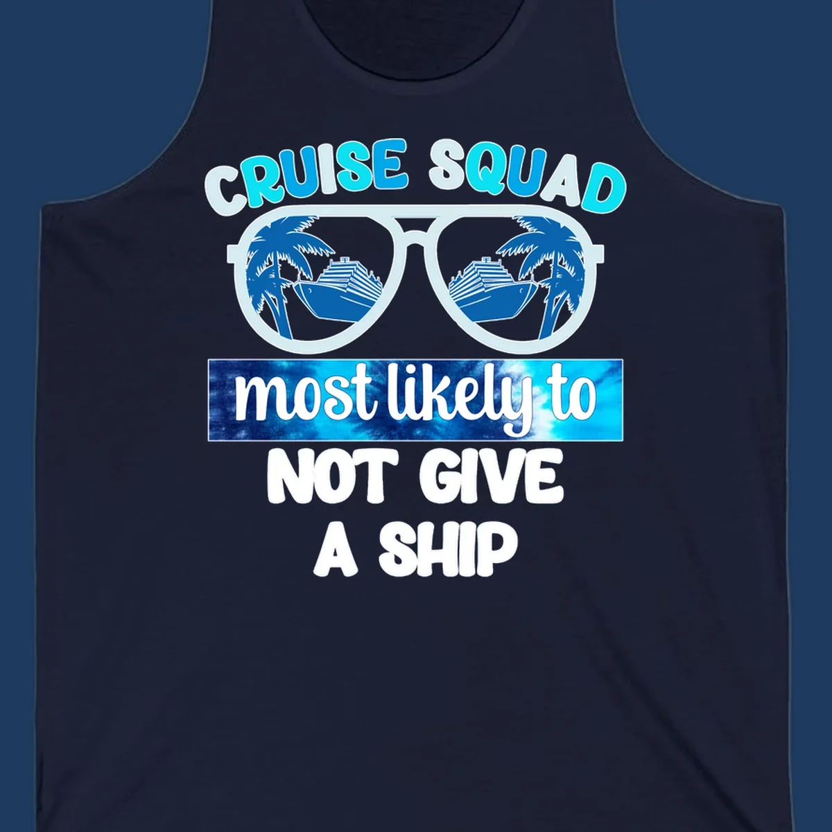 Cruise squad not give ship design with sunglasses showing cruise ships and palm trees reflection