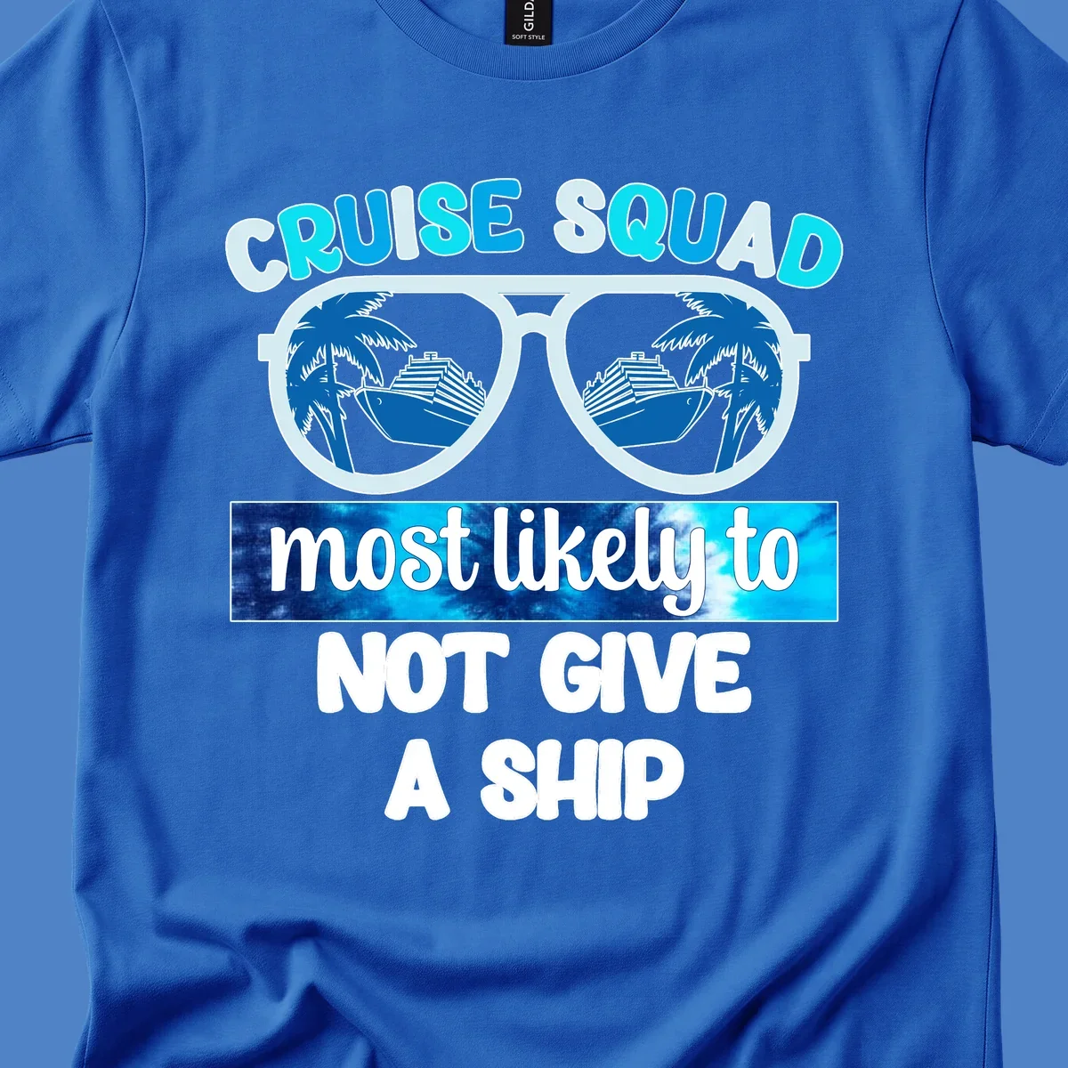 Cruise squad not give ship design with sunglasses showing cruise ships and palm trees reflection