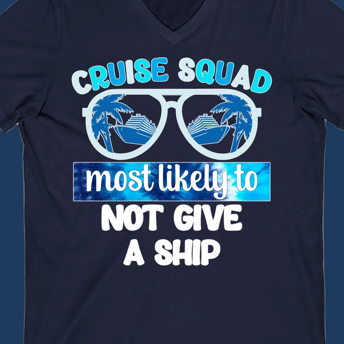 Cruise squad not give ship design with sunglasses showing cruise ships and palm trees reflection