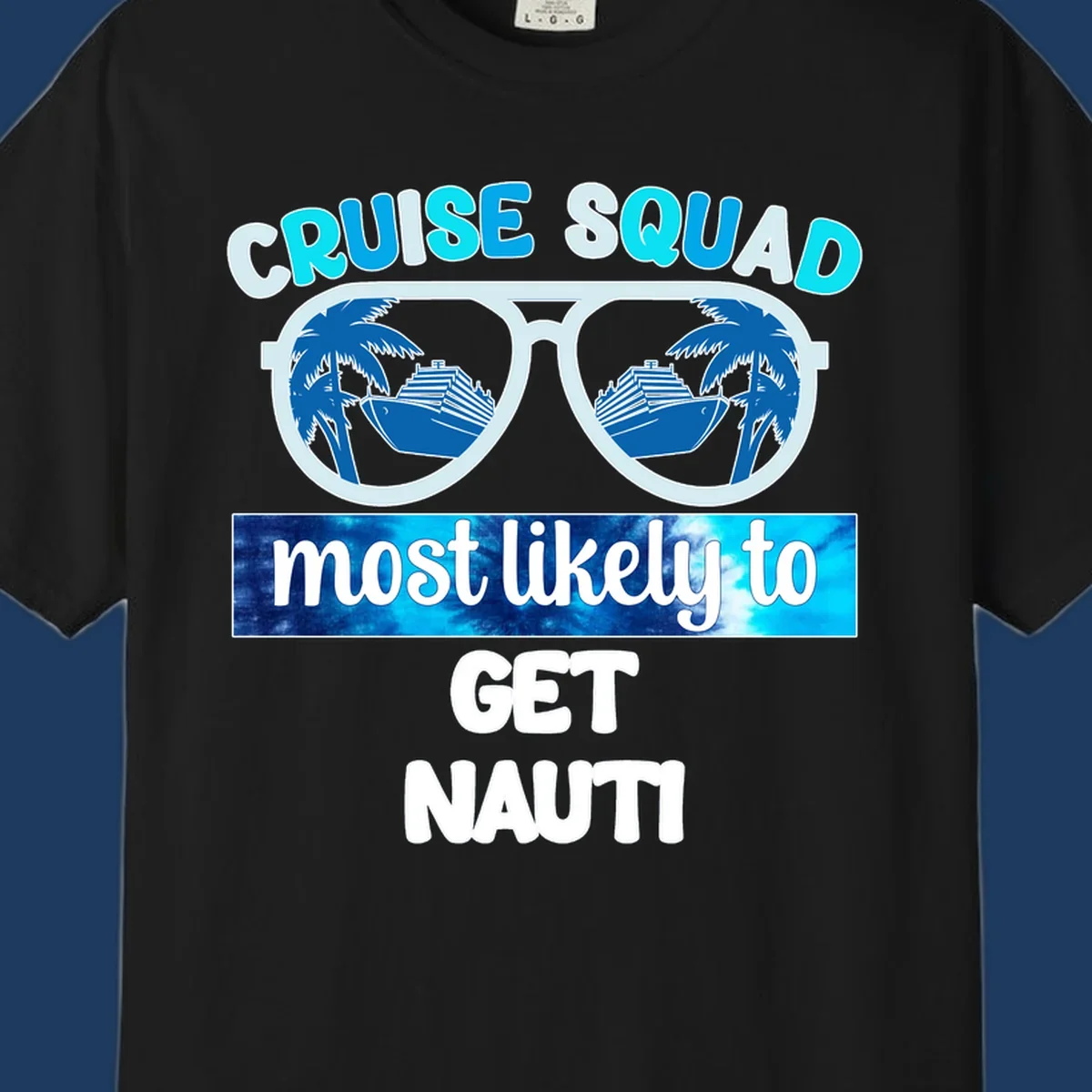 Cruise squad get nauti design with sunglasses reflecting palm trees and cruise ship imagery