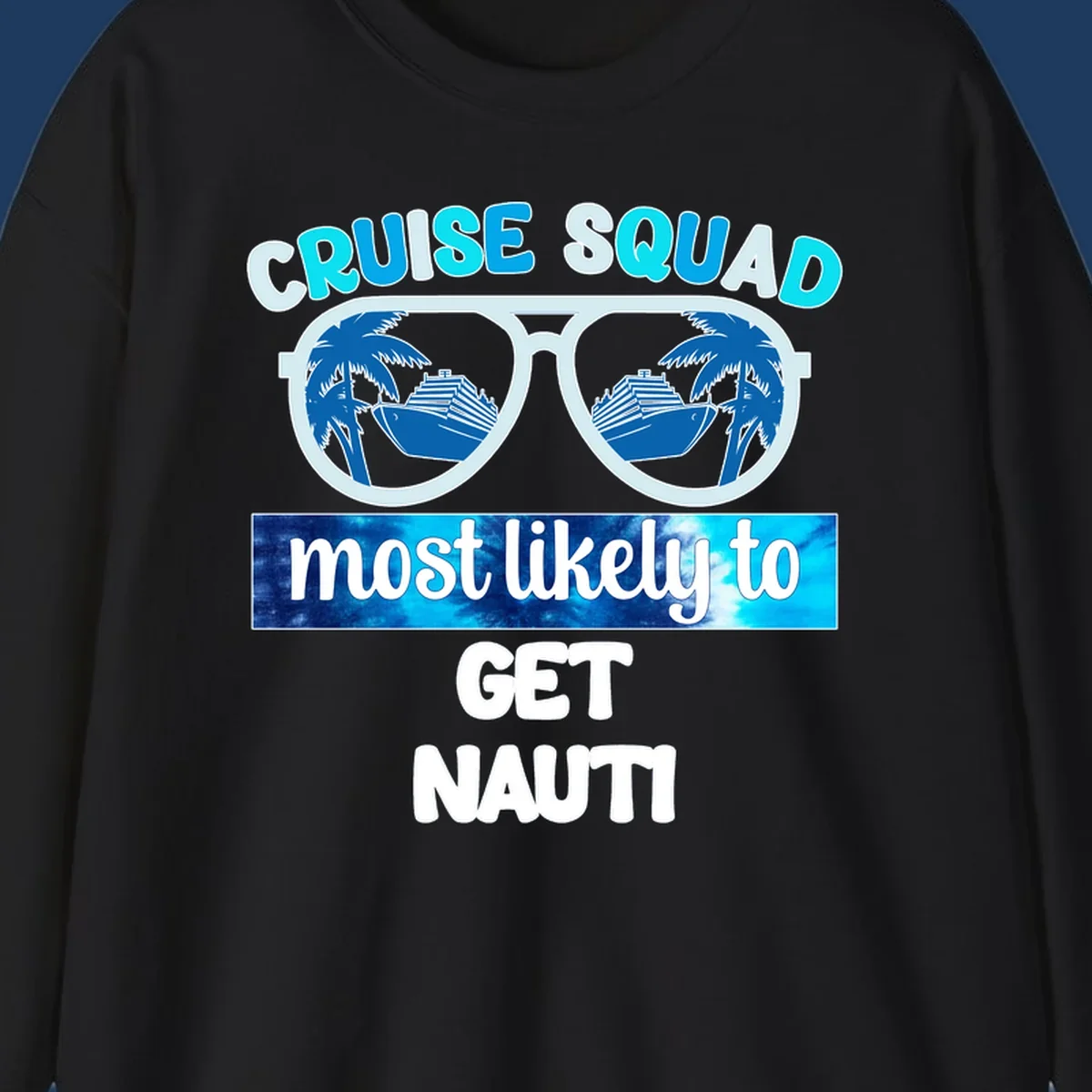 Cruise squad get nauti design with sunglasses reflecting palm trees and cruise ship imagery