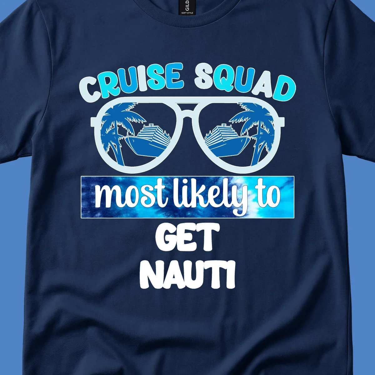 Cruise squad get nauti design with sunglasses reflecting palm trees and cruise ship imagery