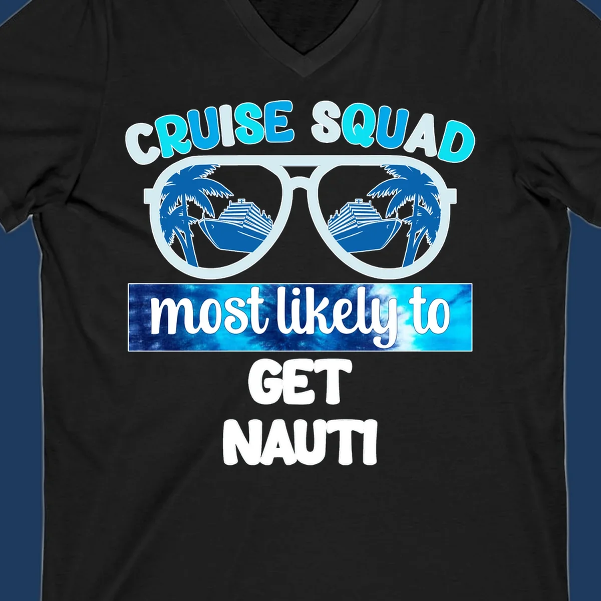 Cruise squad get nauti design with sunglasses reflecting palm trees and cruise ship imagery