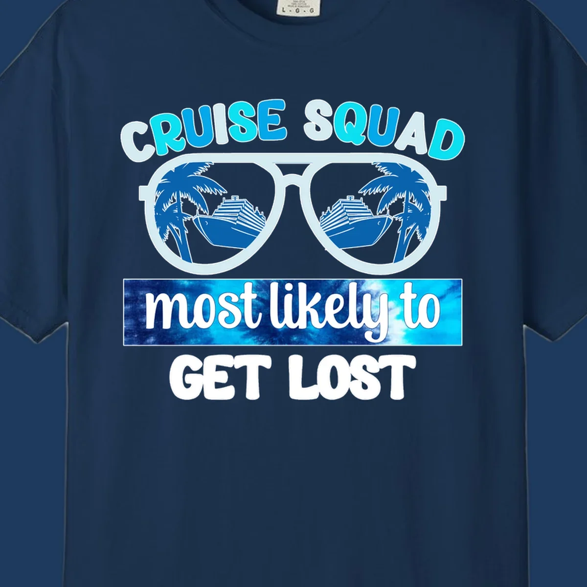 Cruise squad get lost design: oversized sunglasses with palm trees and ships reflected in lenses, cyan and blue colors