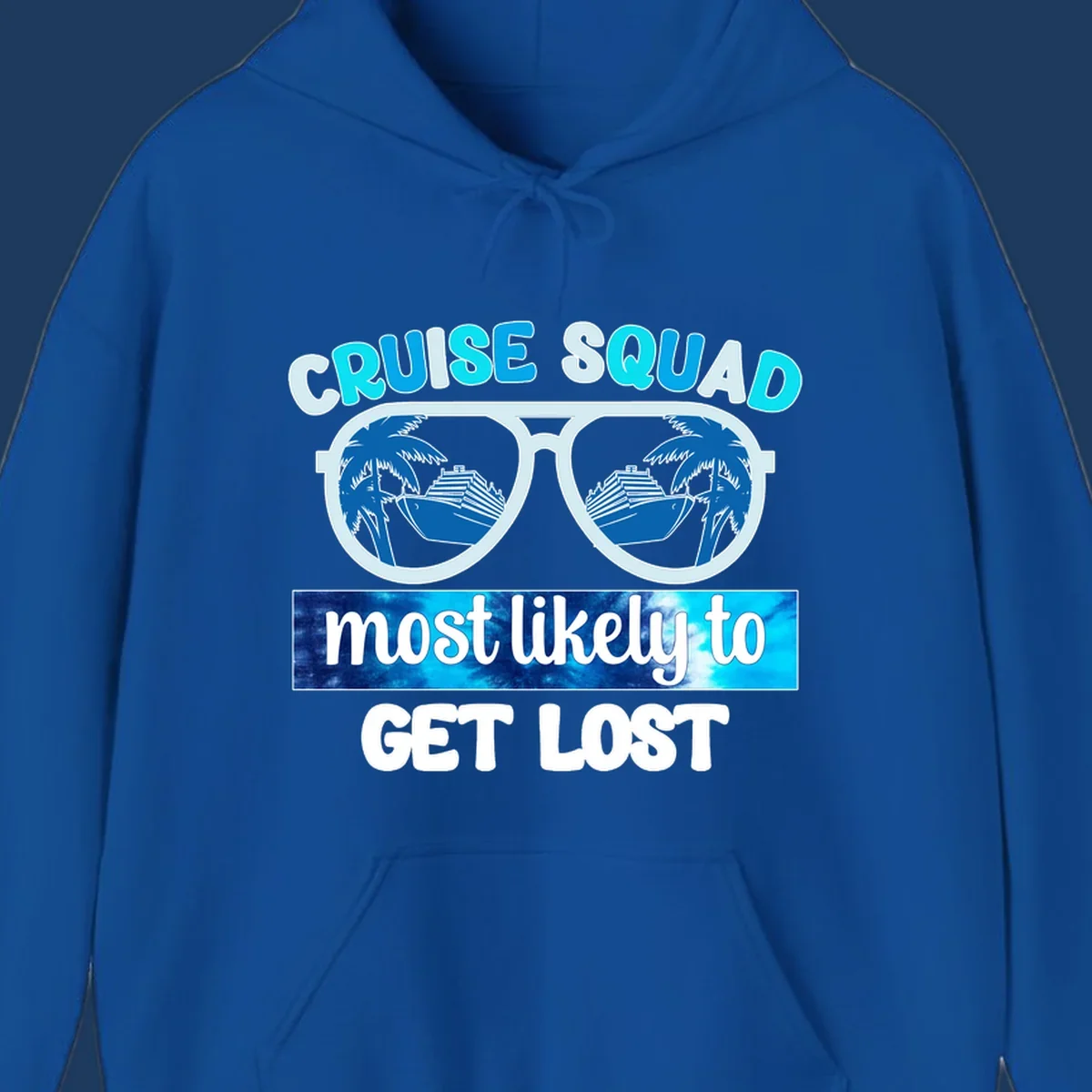 Cruise squad get lost design: oversized sunglasses with palm trees and ships reflected in lenses, cyan and blue colors